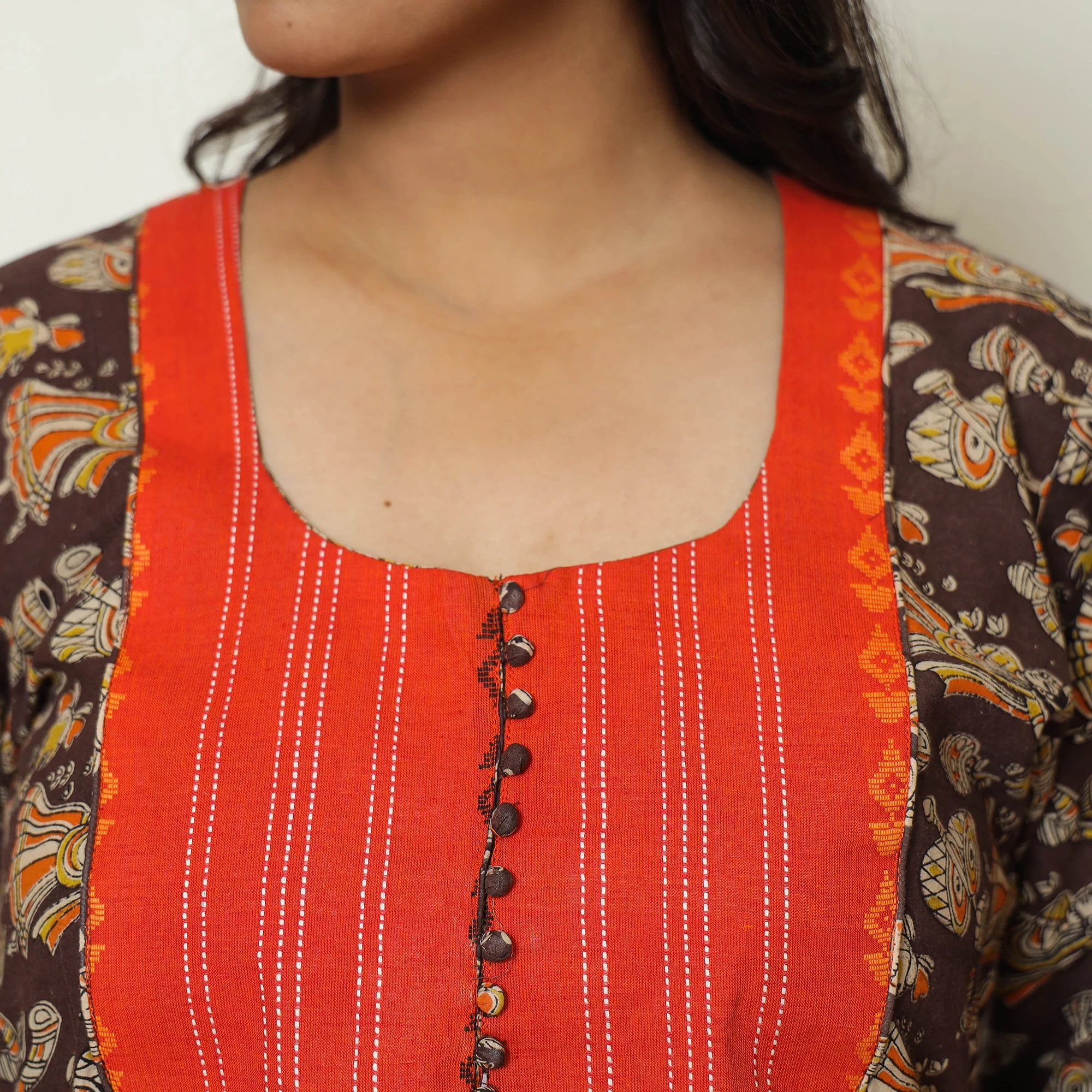 Brown - Kalamkari Printed Cotton A-Line Long Kurta with Patchwork 71 - Image 5