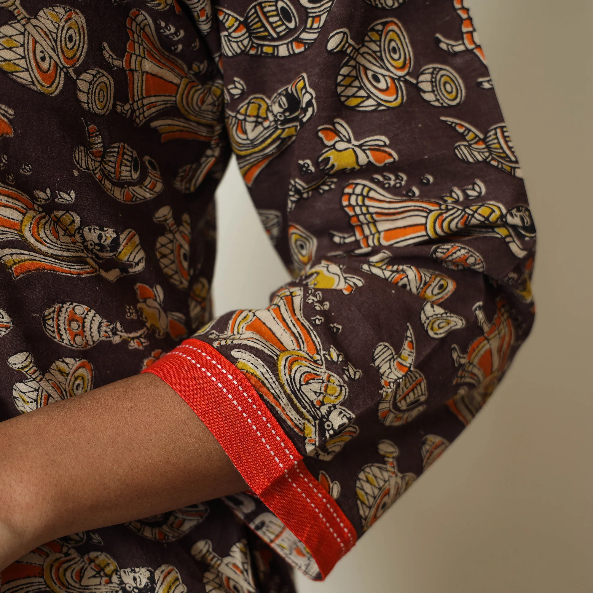 Brown - Kalamkari Printed Cotton A-Line Long Kurta with Patchwork 71 - Image 6