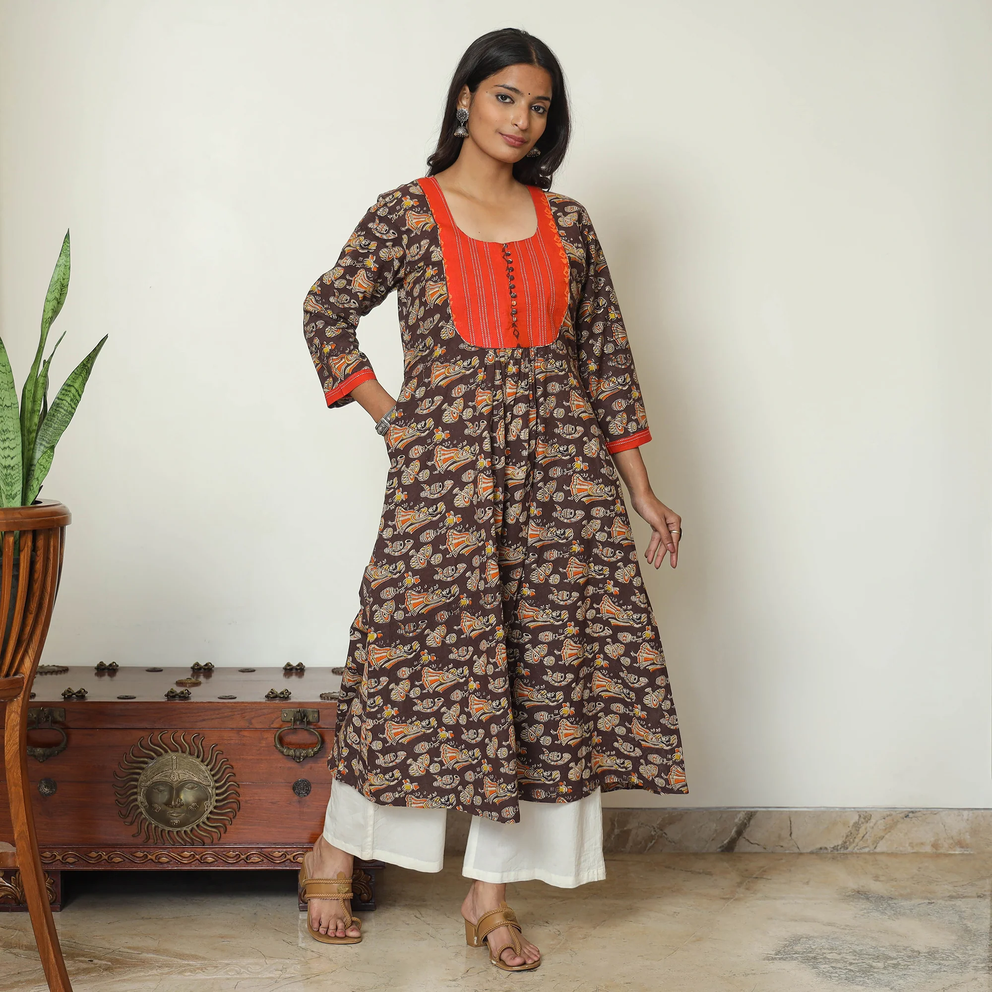 Brown - Kalamkari Printed Cotton A-Line Long Kurta with Patchwork 71 - Image 7