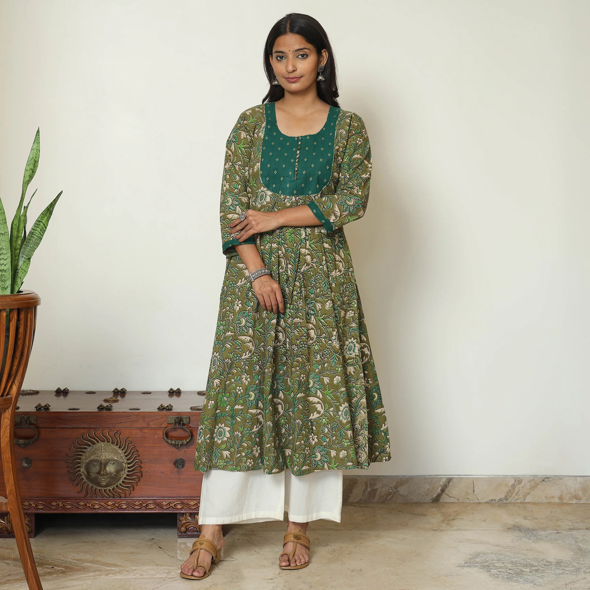 Green - Kalamkari Printed Cotton A-Line Long Kurta with Patchwork 69