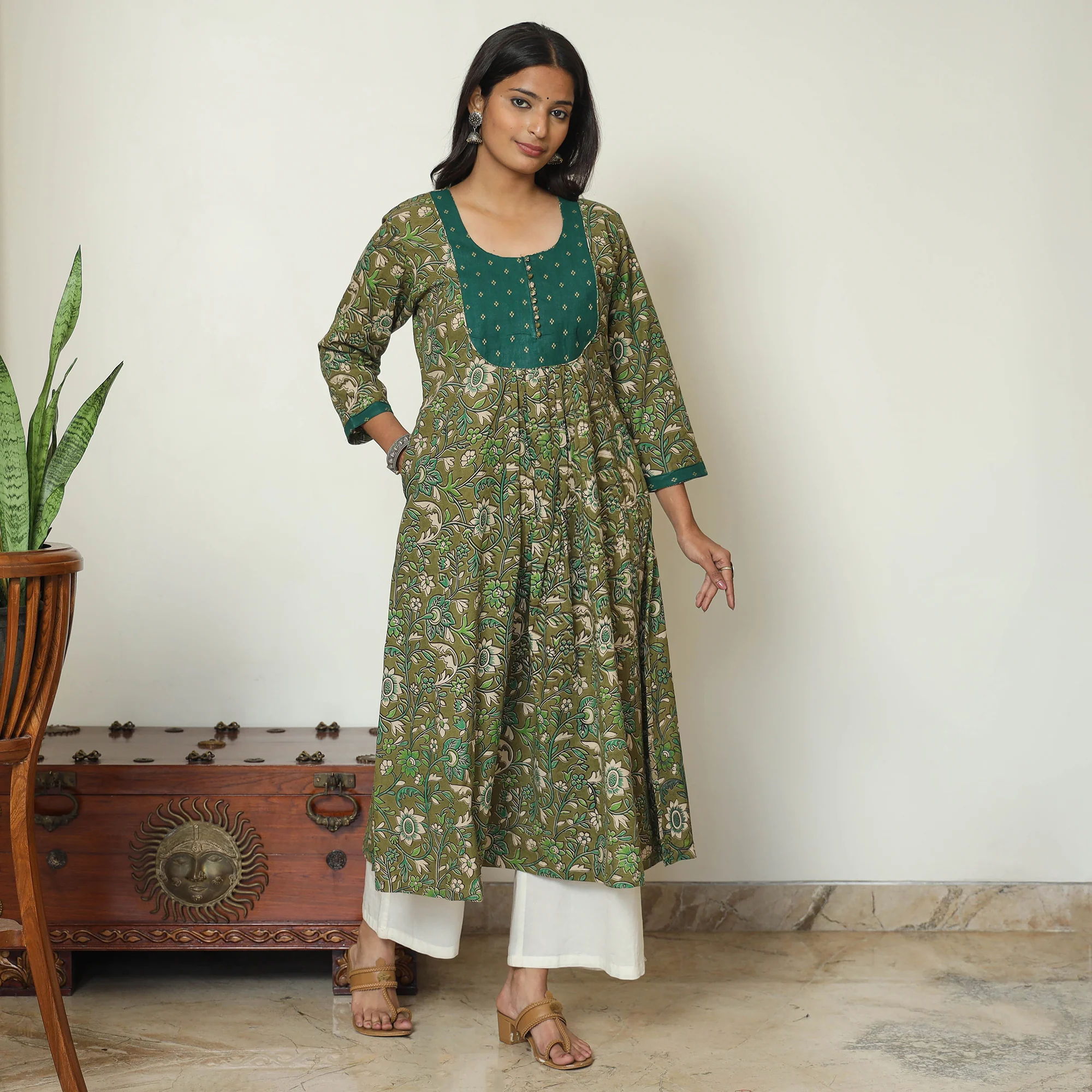 Green - Kalamkari Printed Cotton A-Line Long Kurta with Patchwork 69 - Image 2
