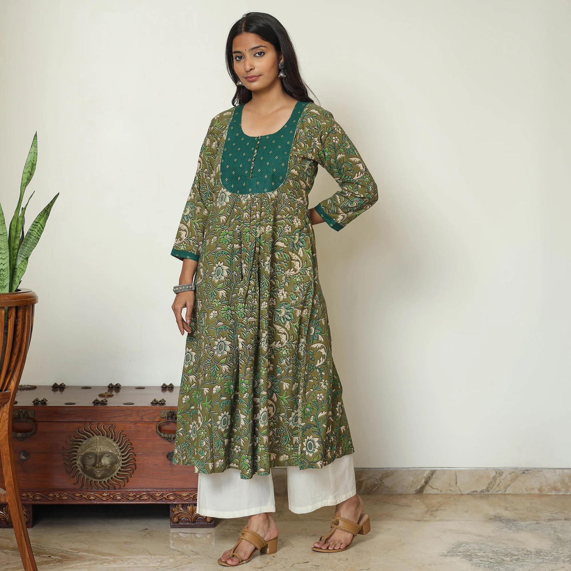 Green - Kalamkari Printed Cotton A-Line Long Kurta with Patchwork 69 - Image 3