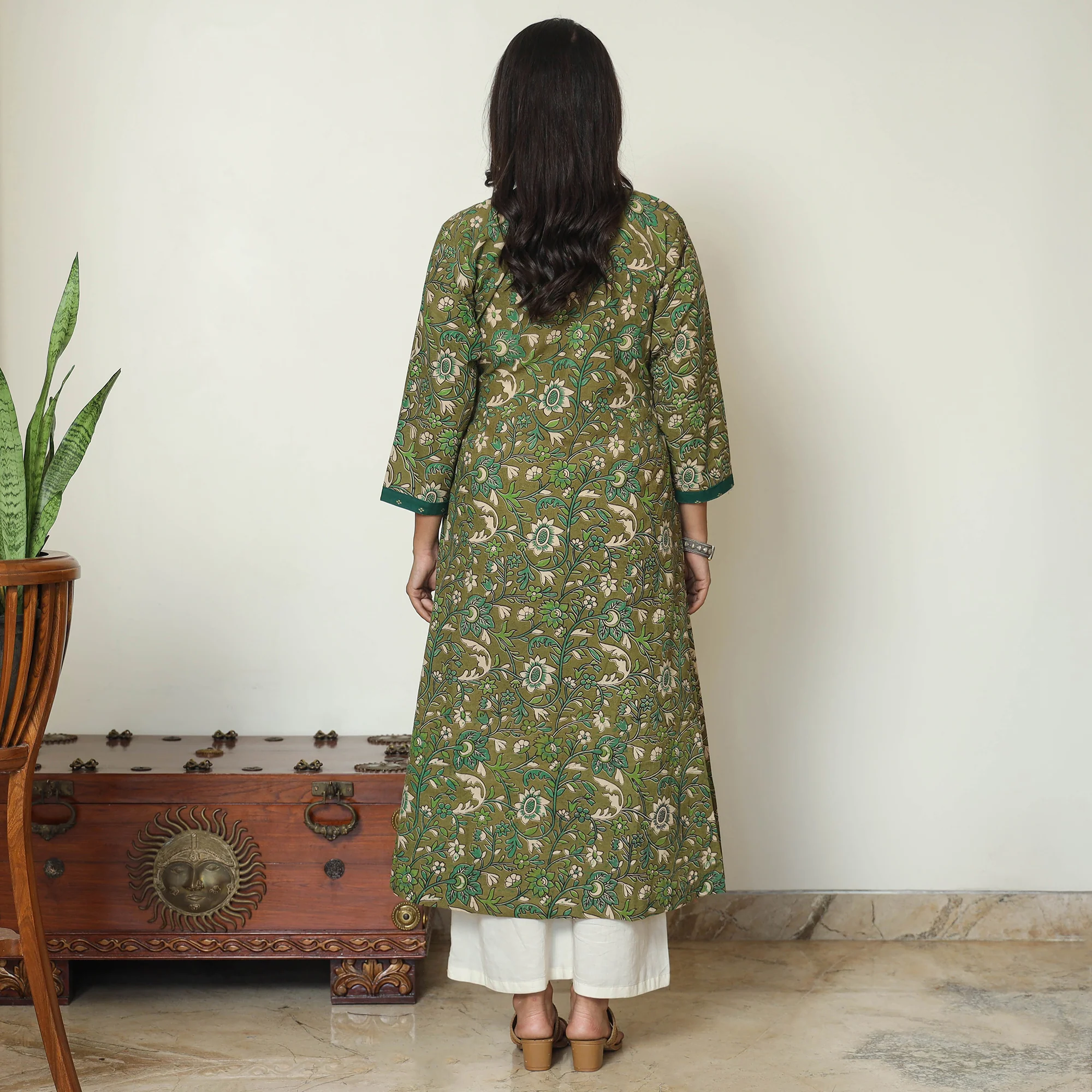 Green - Kalamkari Printed Cotton A-Line Long Kurta with Patchwork 69 - Image 4