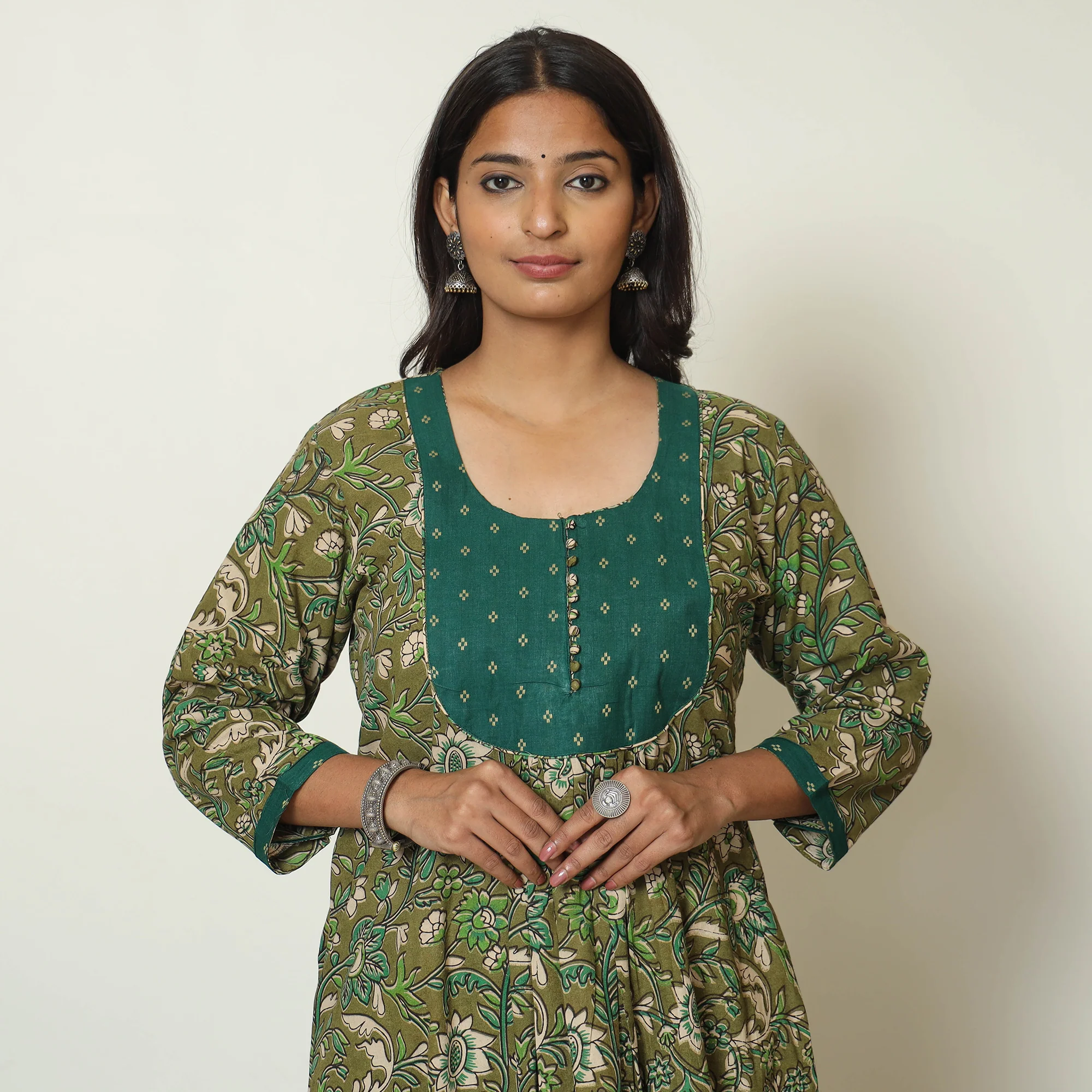 Green - Kalamkari Printed Cotton A-Line Long Kurta with Patchwork 69 - Image 5