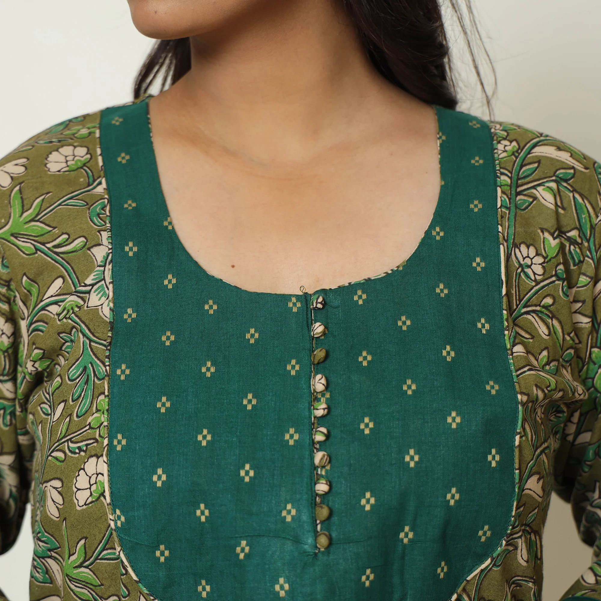 Green - Kalamkari Printed Cotton A-Line Long Kurta with Patchwork 69 - Image 6