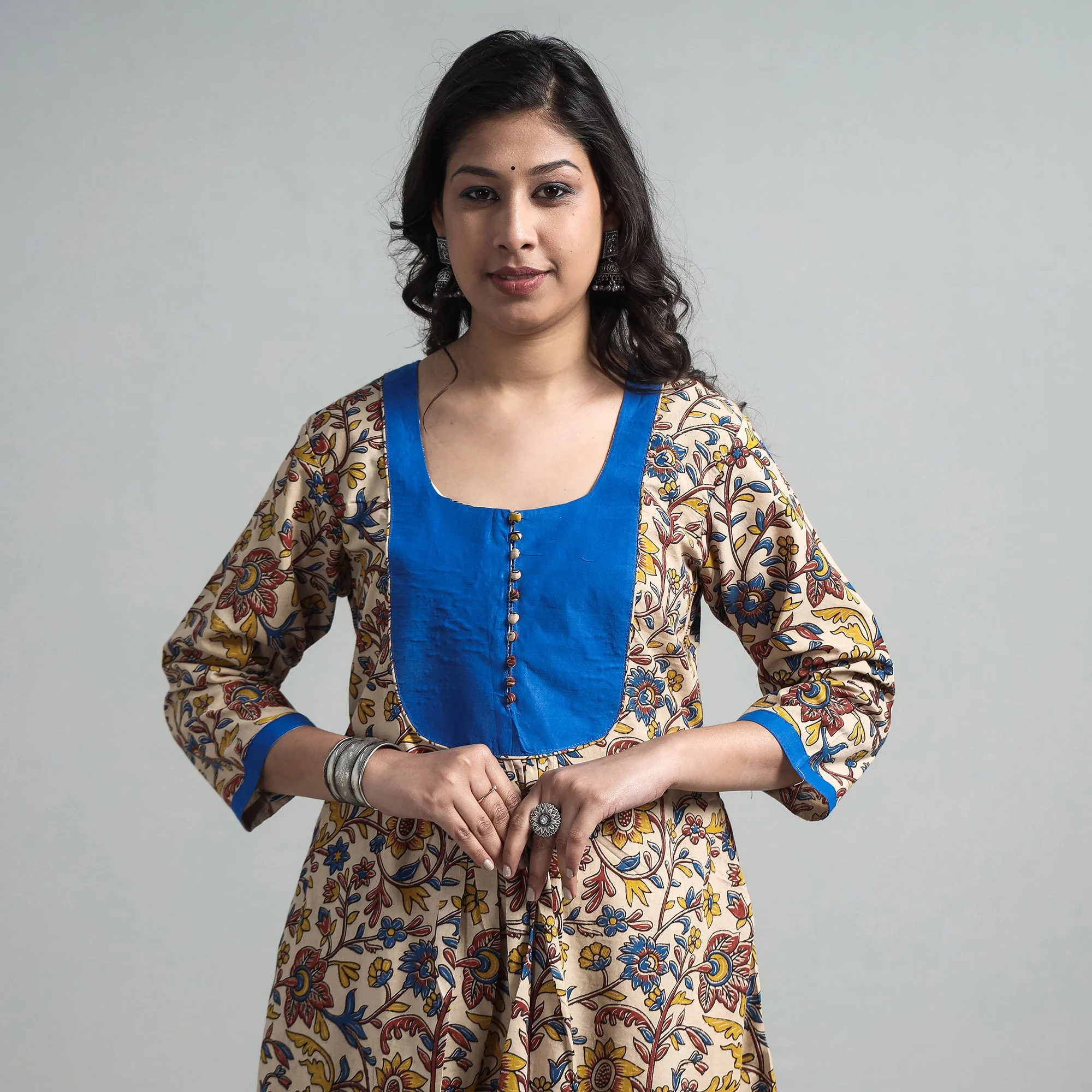 Beige - Kalamkari Printed Cotton A-Line Long Kurta with Patchwork