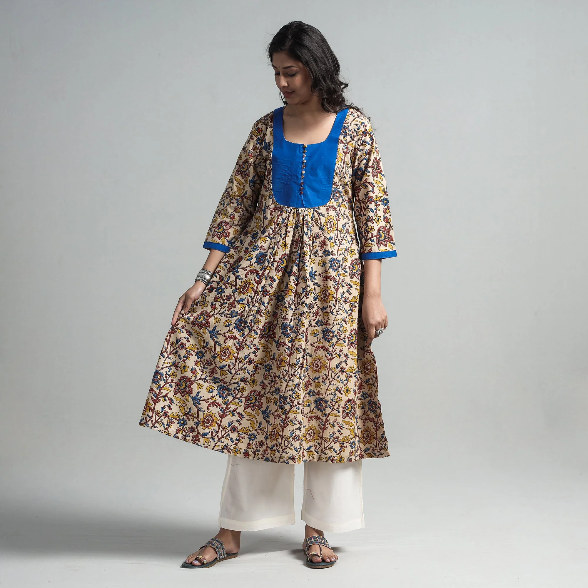 Beige - Kalamkari Printed Cotton A-Line Long Kurta with Patchwork - Image 2