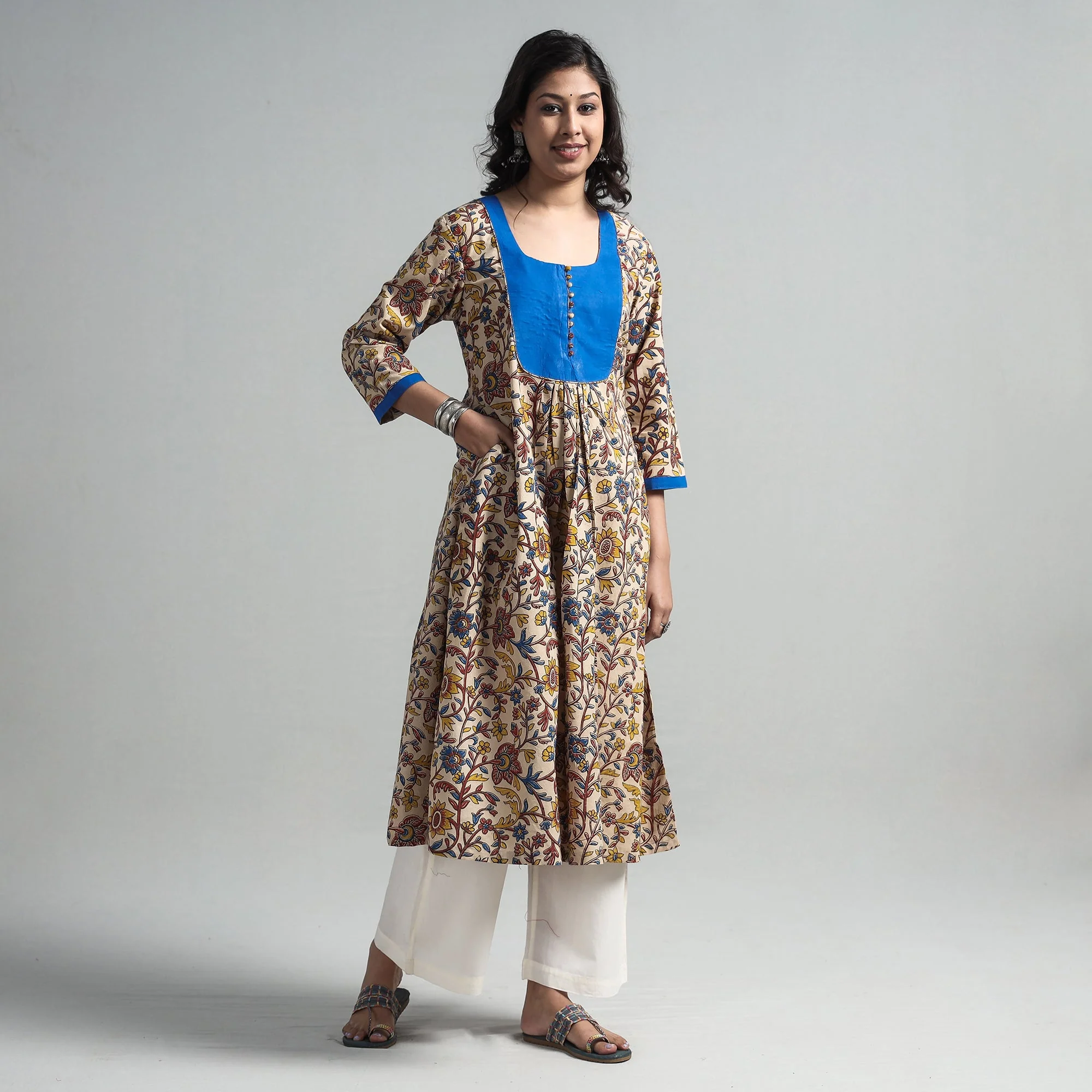 Beige - Kalamkari Printed Cotton A-Line Long Kurta with Patchwork - Image 3