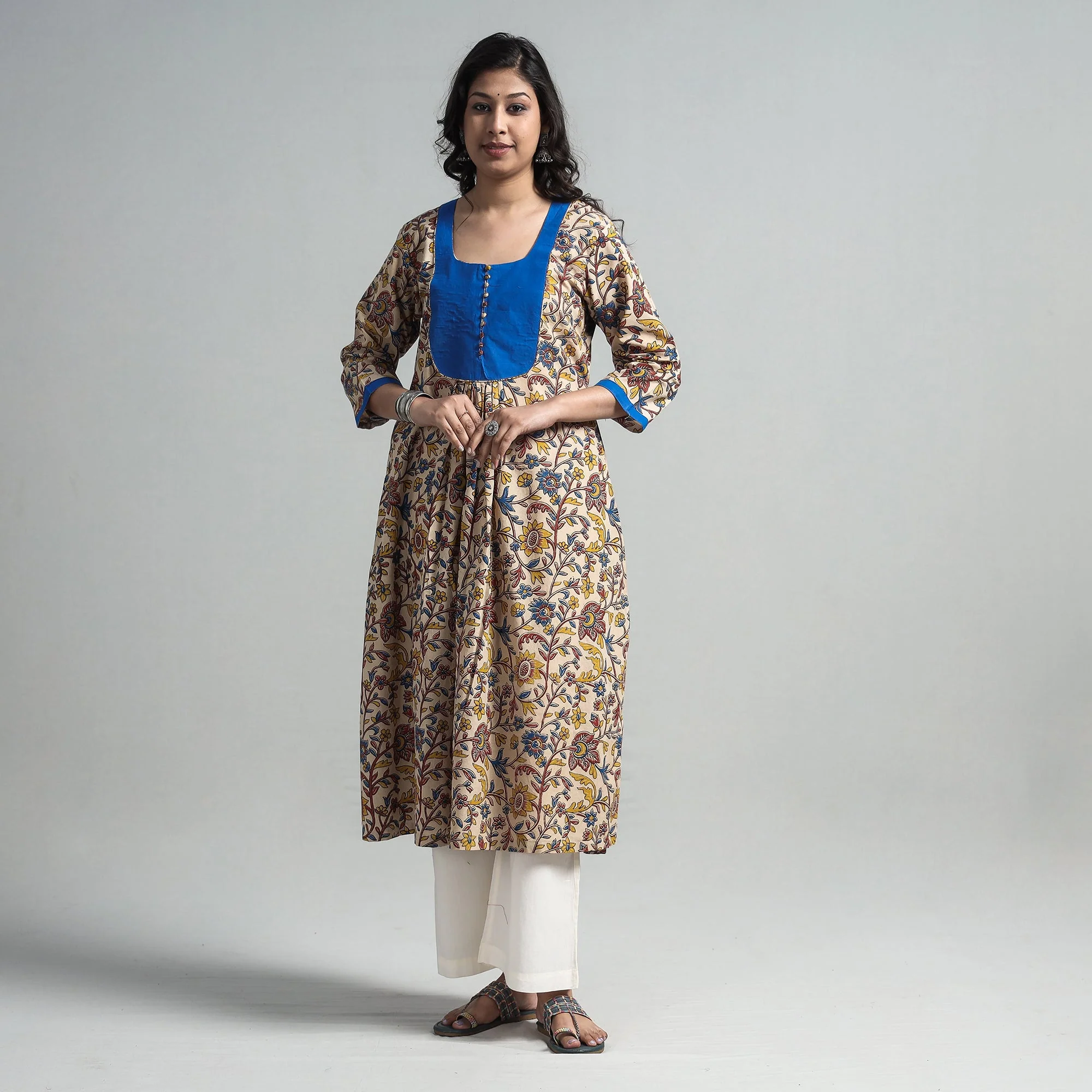 Beige - Kalamkari Printed Cotton A-Line Long Kurta with Patchwork - Image 4
