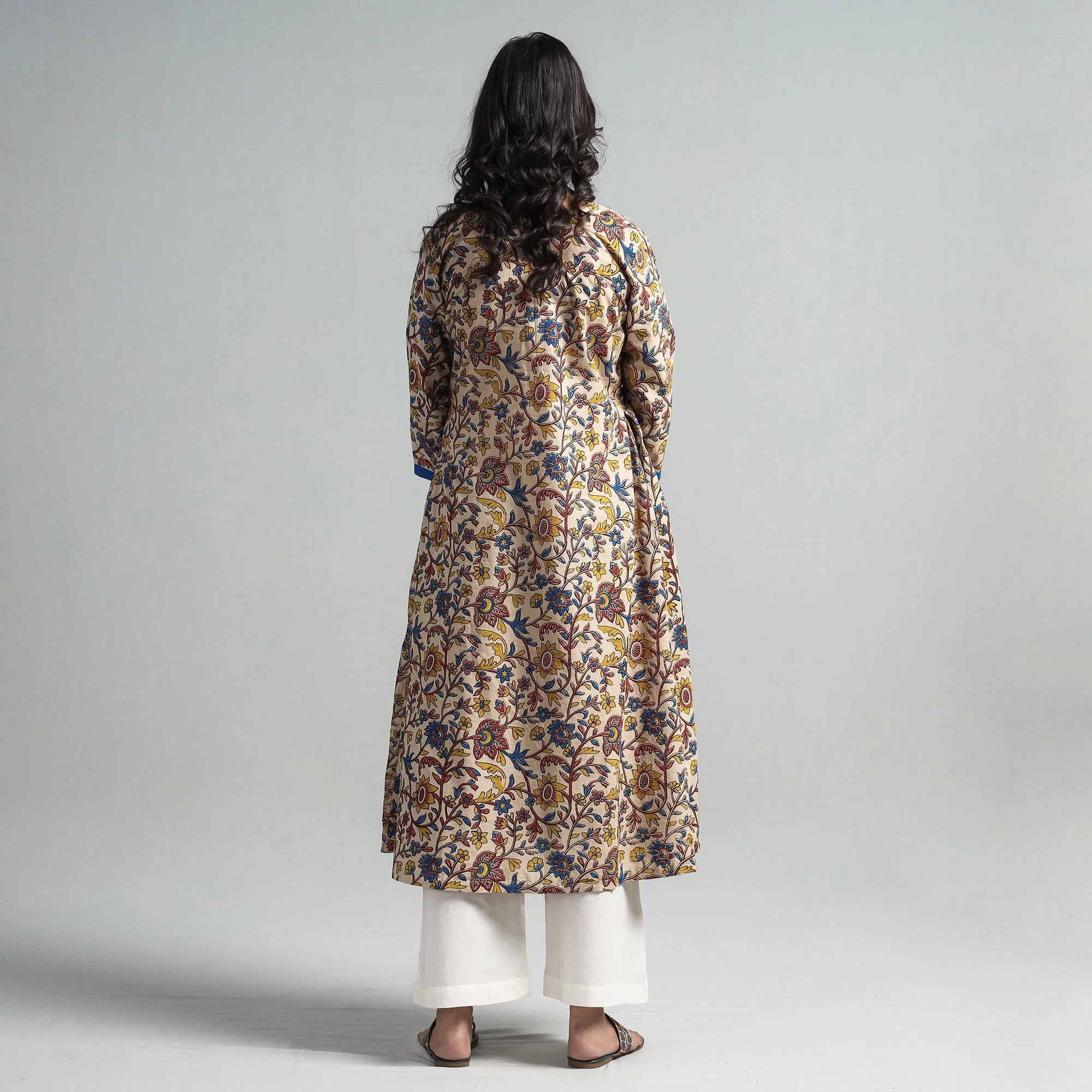 Beige - Kalamkari Printed Cotton A-Line Long Kurta with Patchwork - Image 6
