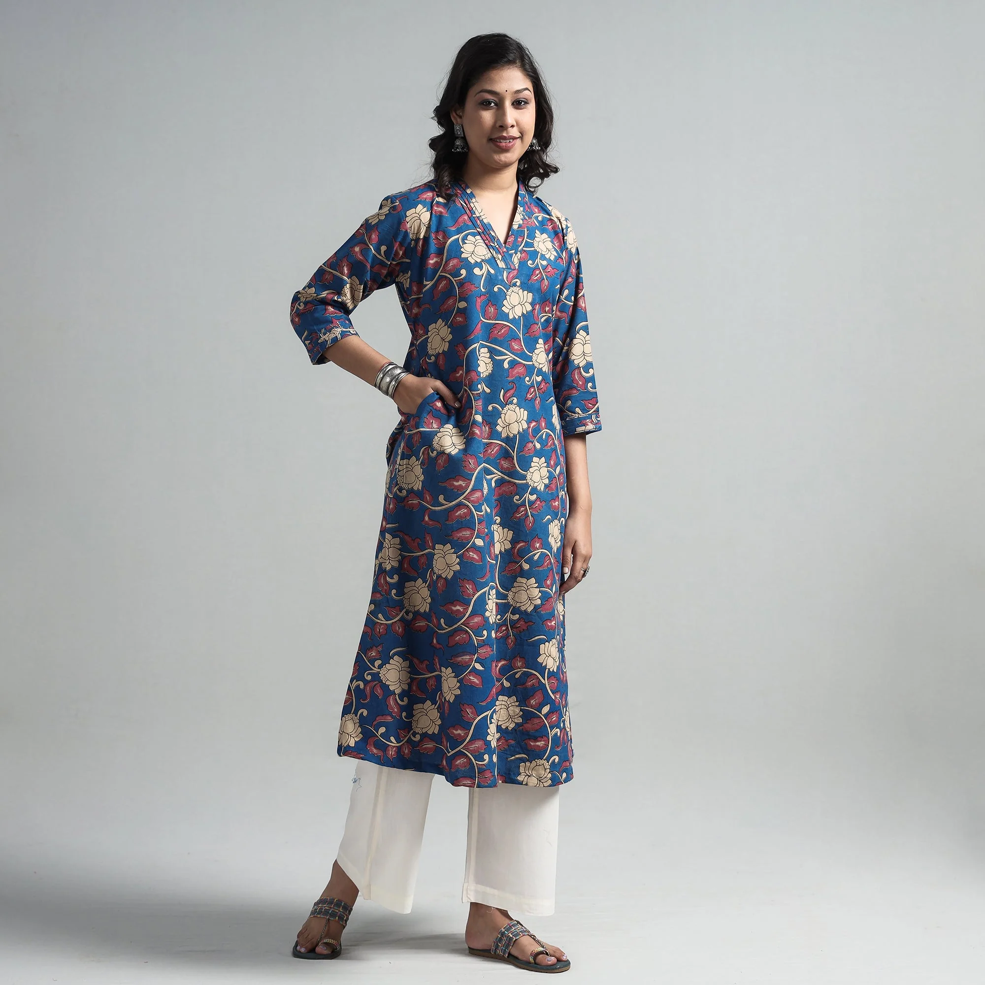 Blue - Kalamkari Printed Cotton A-Line Long Kurta - Image 3