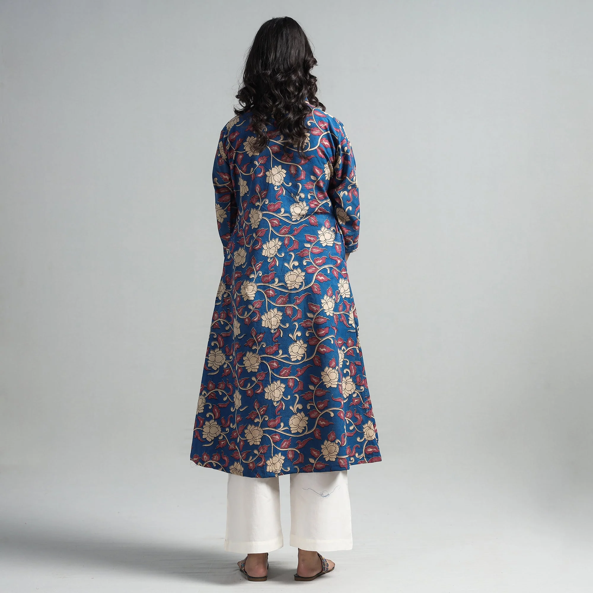 Blue - Kalamkari Printed Cotton A-Line Long Kurta - Image 6