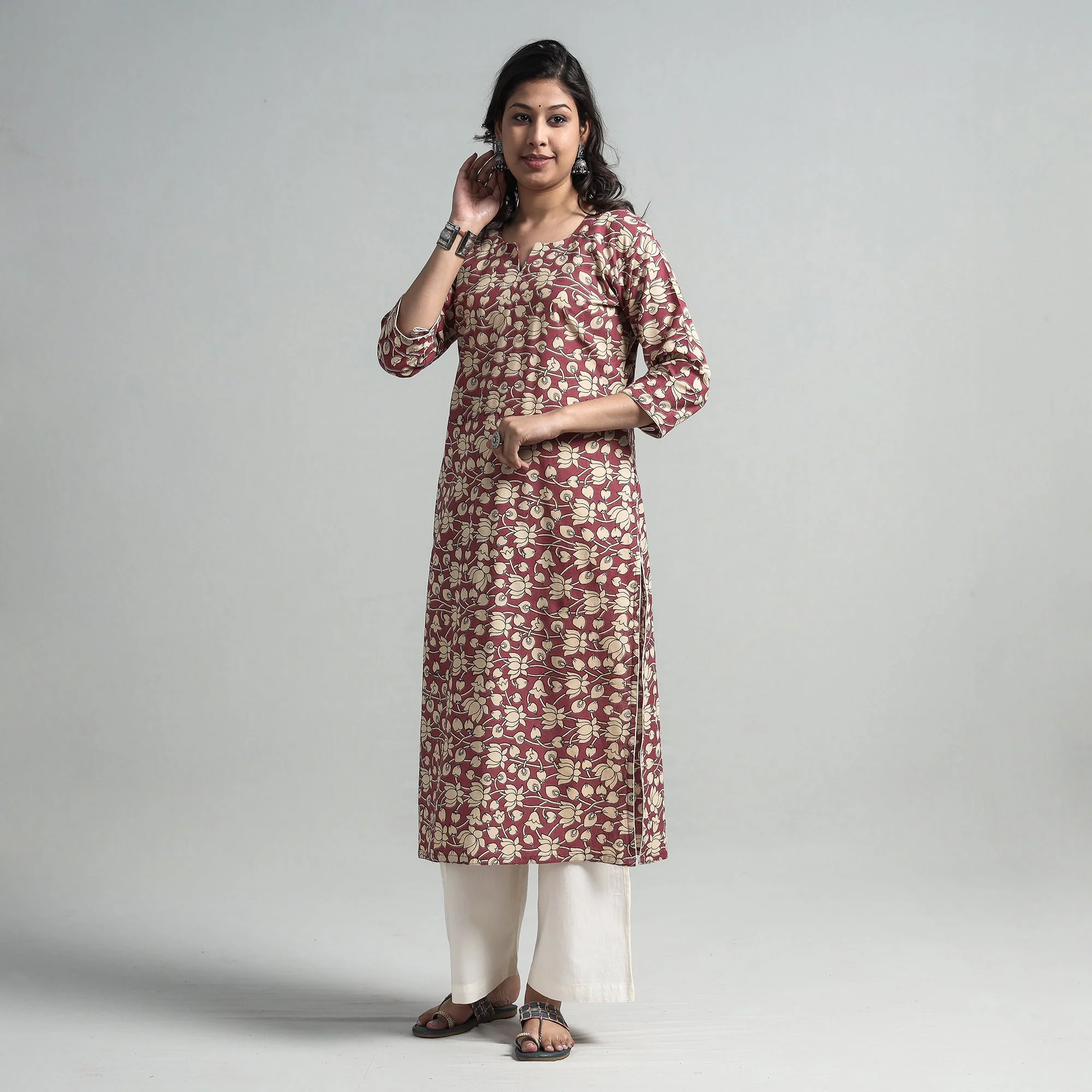Pink - Kalamkari Printed Cotton A-Line Long Kurta - Image 2