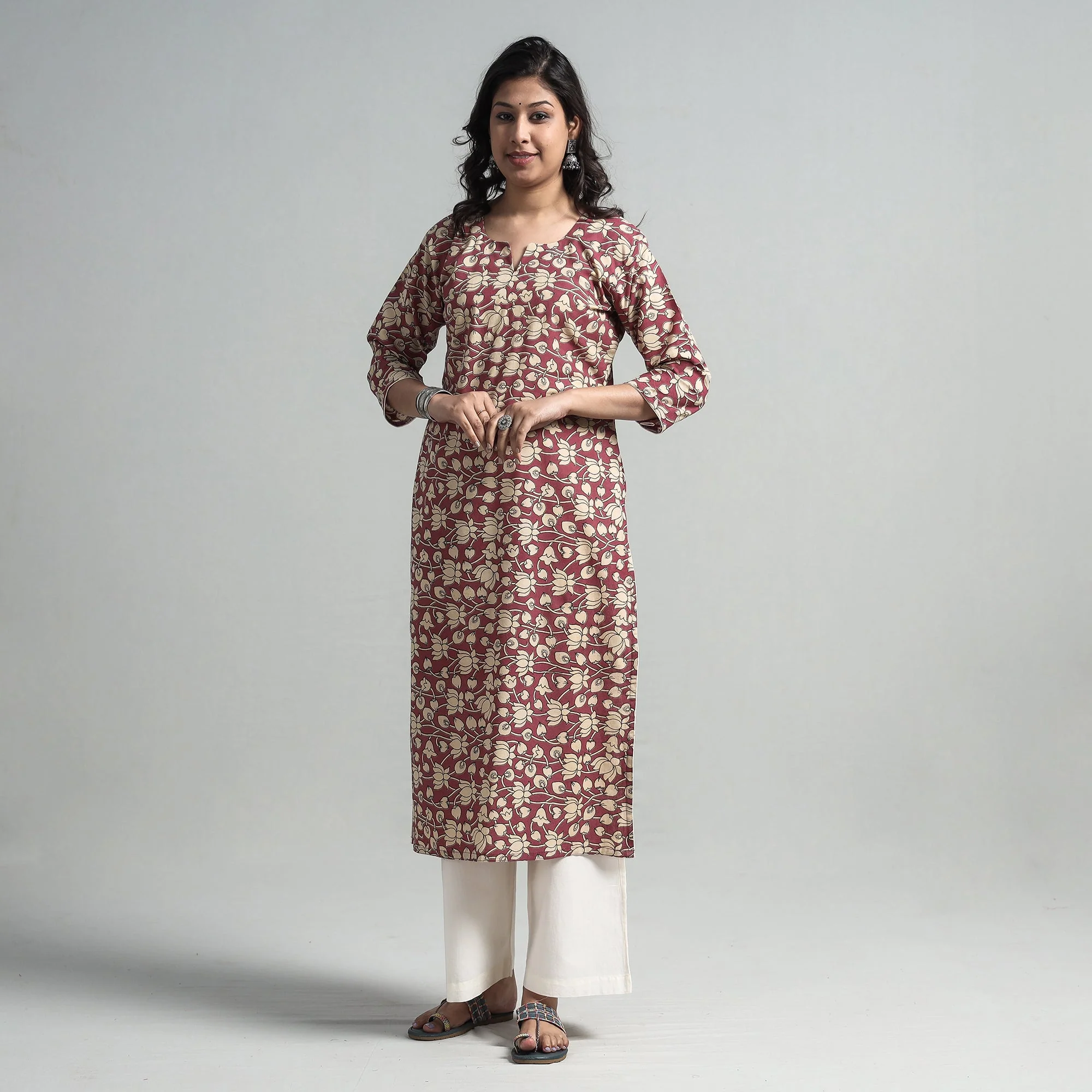 Pink - Kalamkari Printed Cotton A-Line Long Kurta - Image 4