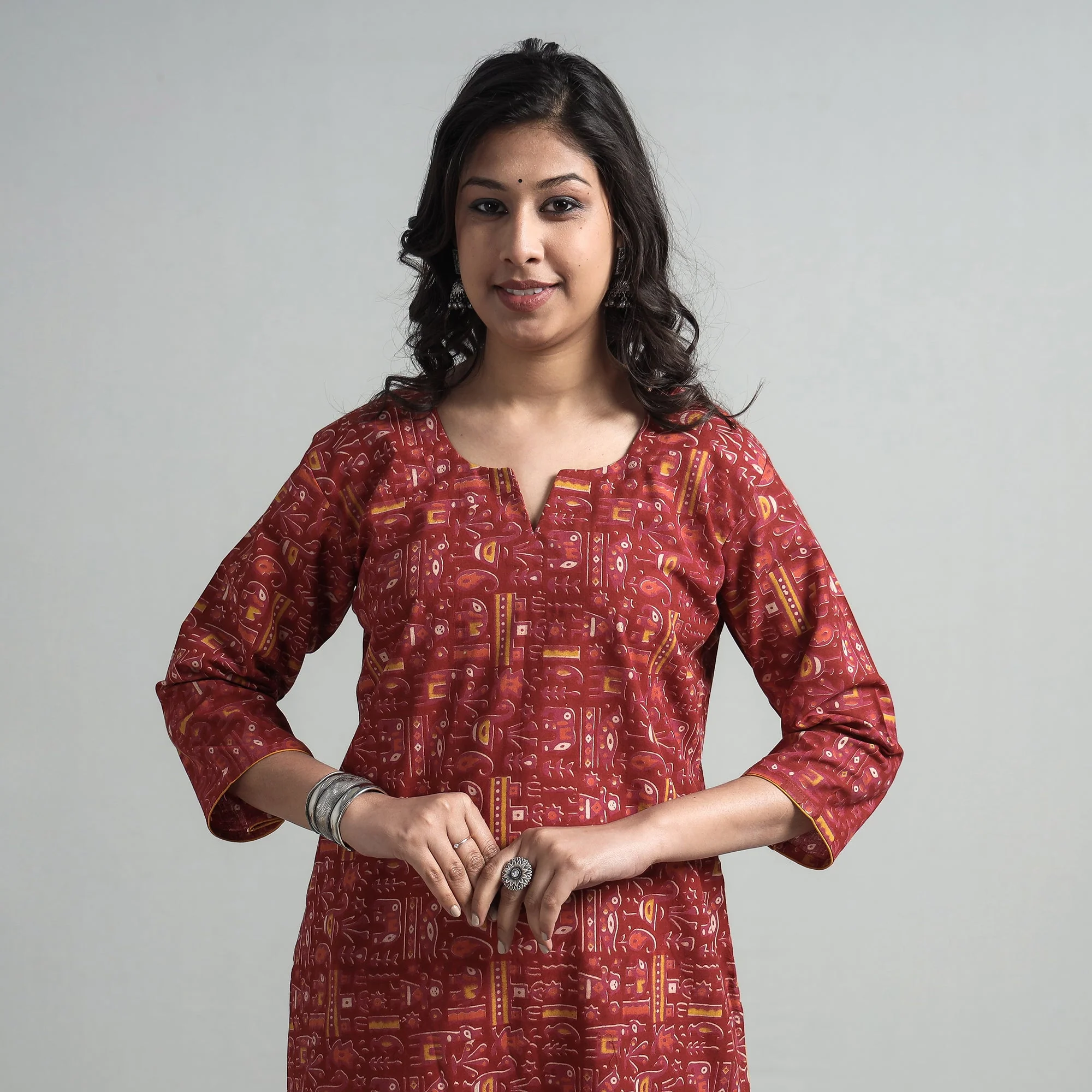 Red - Kalamkari Printed Cotton A-Line Long Kurta