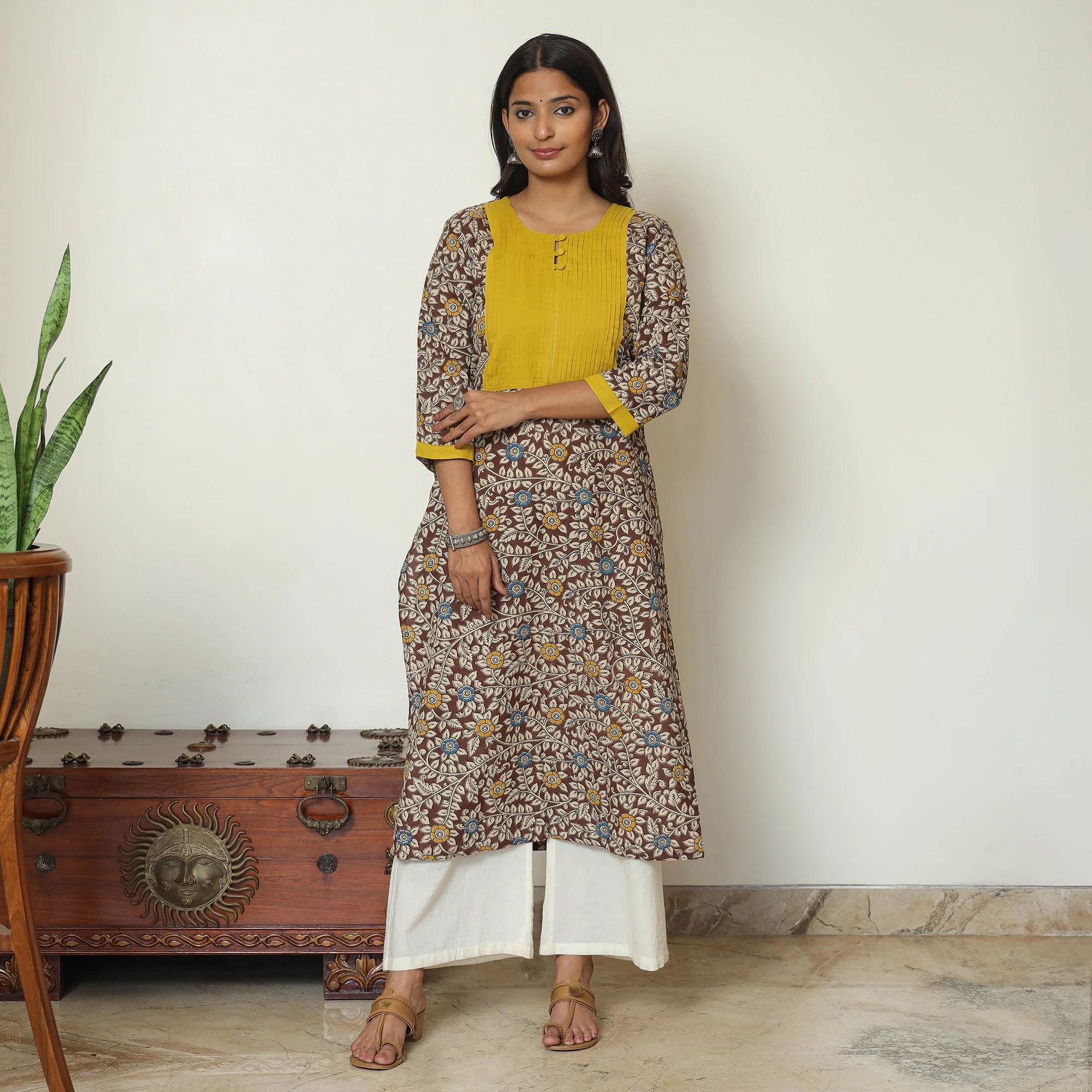 Brown - Kalamkari Print Cotton Pintuck Long Straight Kurta 68 - Image 2