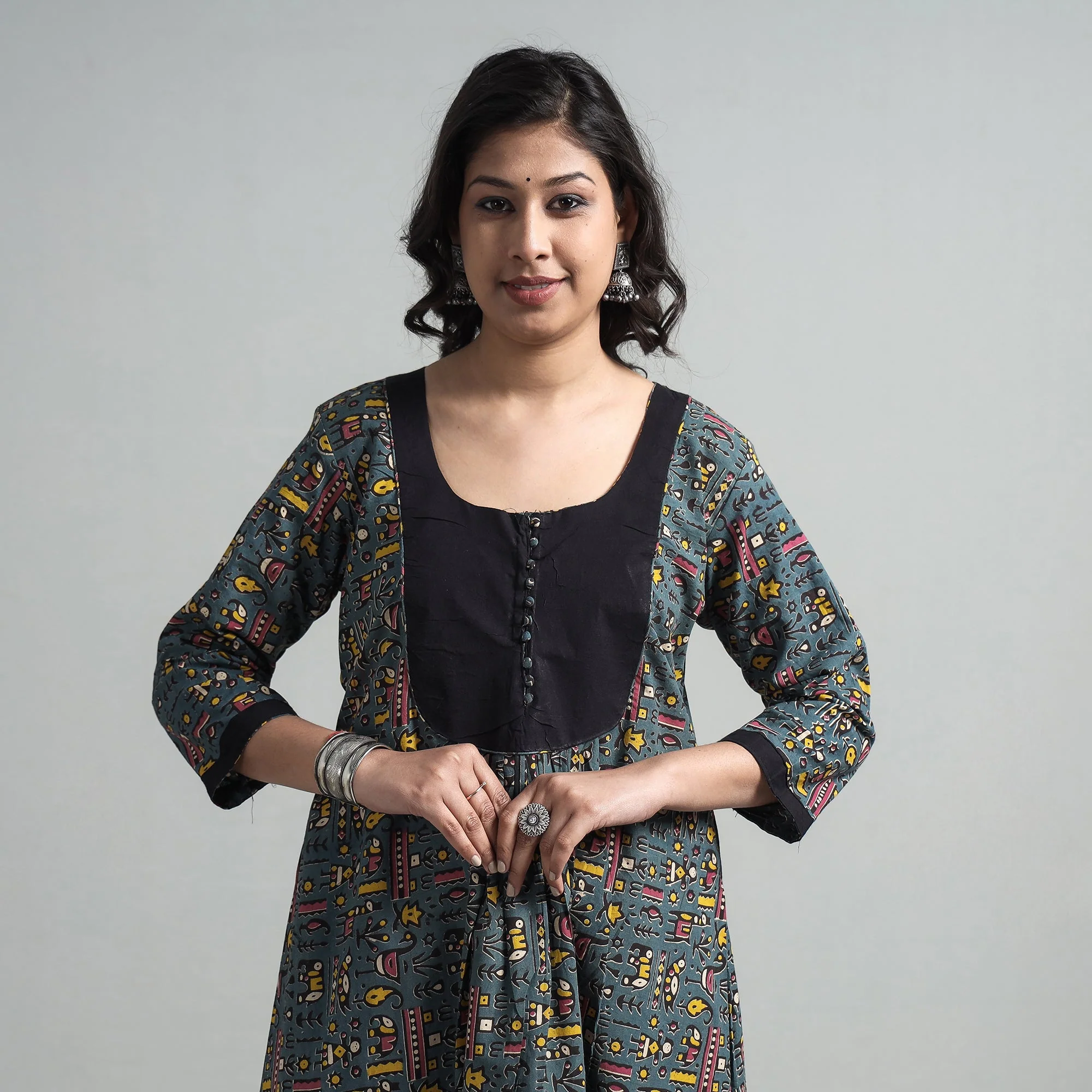 Dark Grey - Kalamkari Printed Cotton A-Line Long Kurta with Patchwork