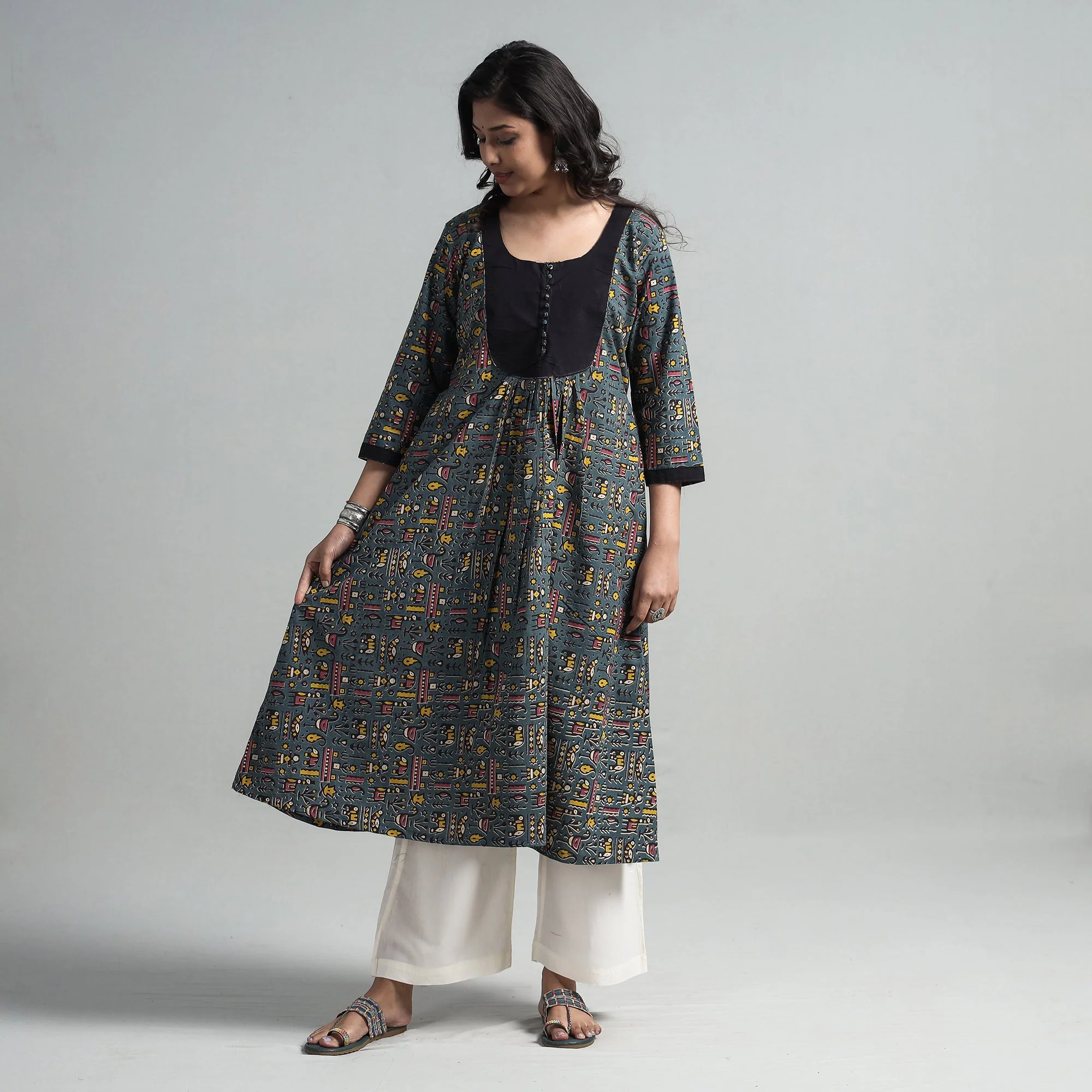 Dark Grey - Kalamkari Printed Cotton A-Line Long Kurta with Patchwork - Image 2