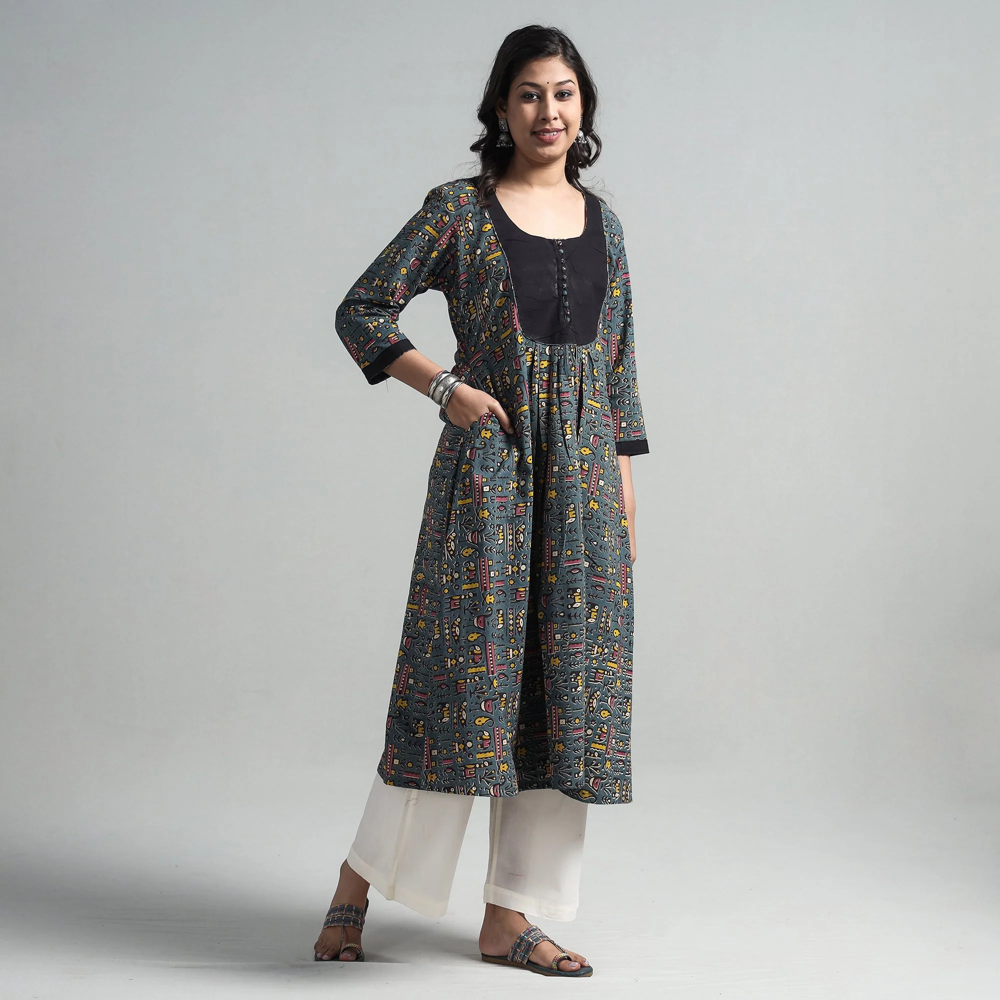 Dark Grey - Kalamkari Printed Cotton A-Line Long Kurta with Patchwork - Image 3