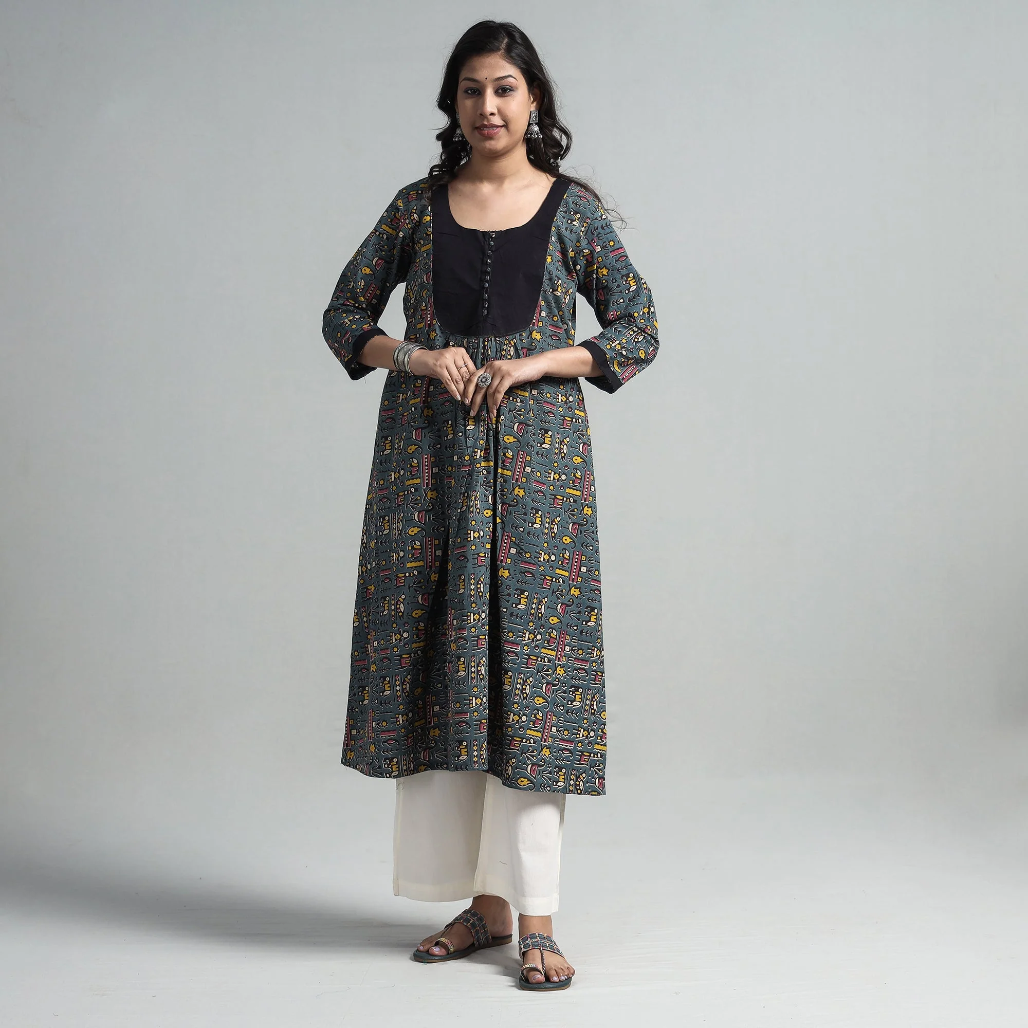 Dark Grey - Kalamkari Printed Cotton A-Line Long Kurta with Patchwork - Image 4