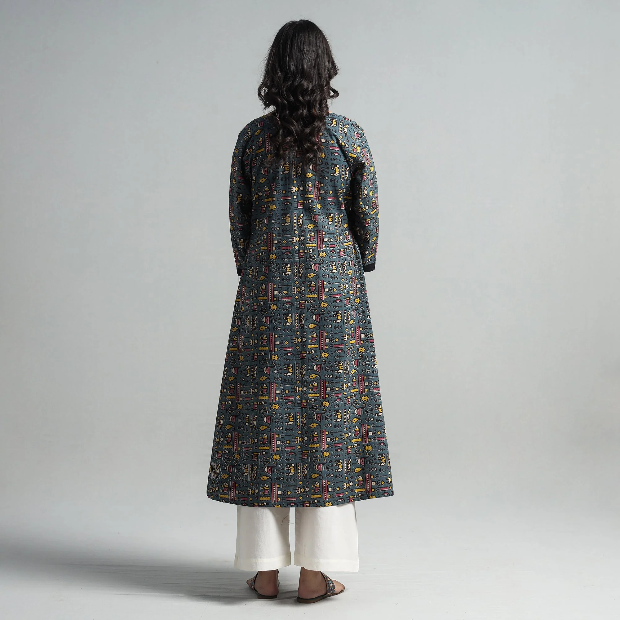 Dark Grey - Kalamkari Printed Cotton A-Line Long Kurta with Patchwork - Image 6