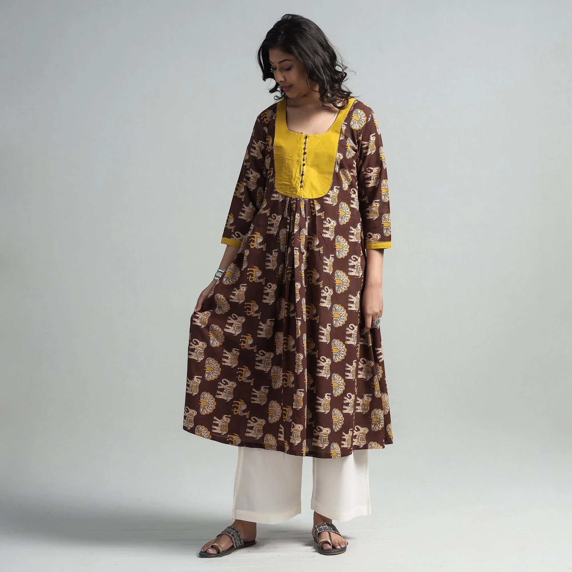 Brown - Kalamkari Printed Cotton A-Line Long Kurta with Patchwork - Image 2