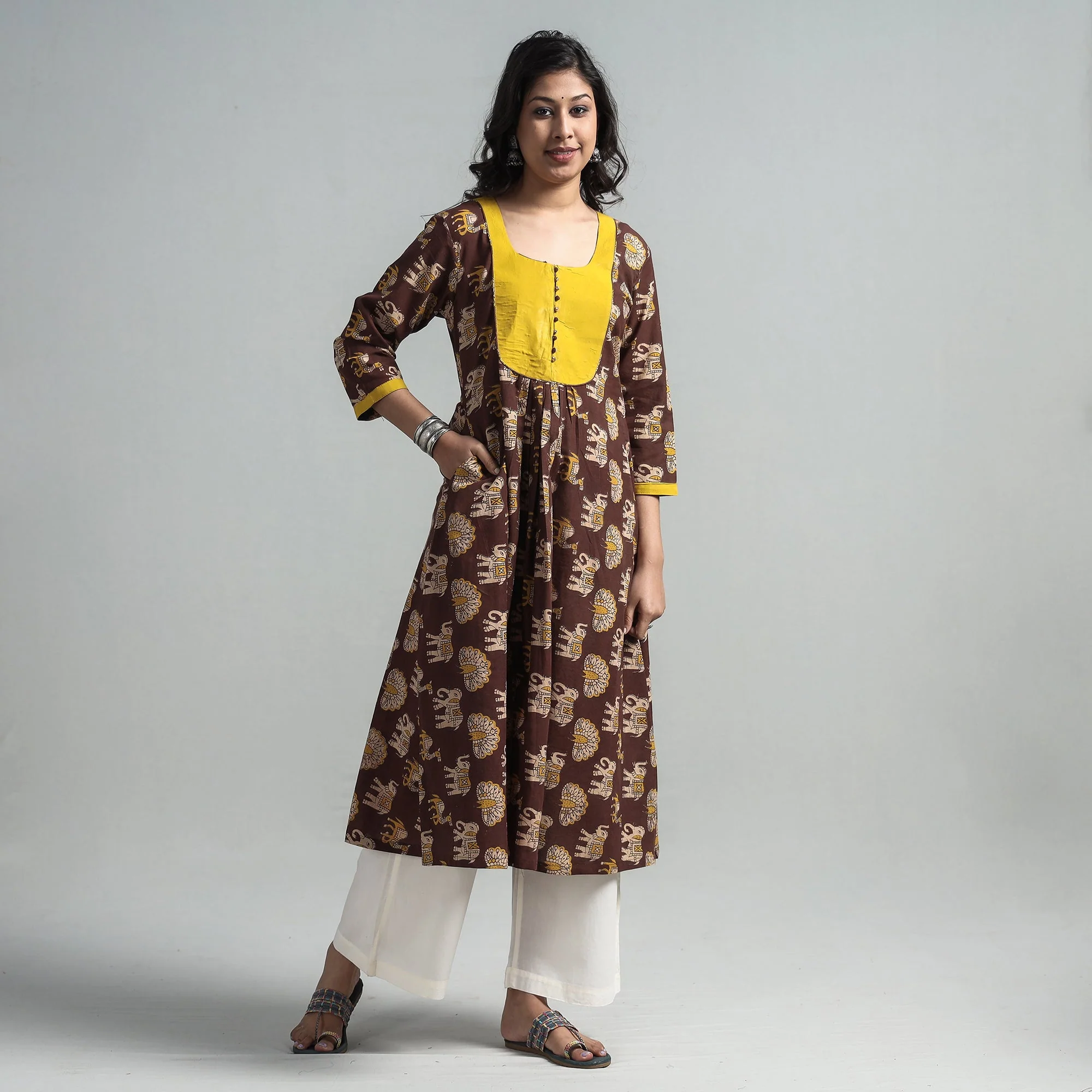 Brown - Kalamkari Printed Cotton A-Line Long Kurta with Patchwork - Image 3