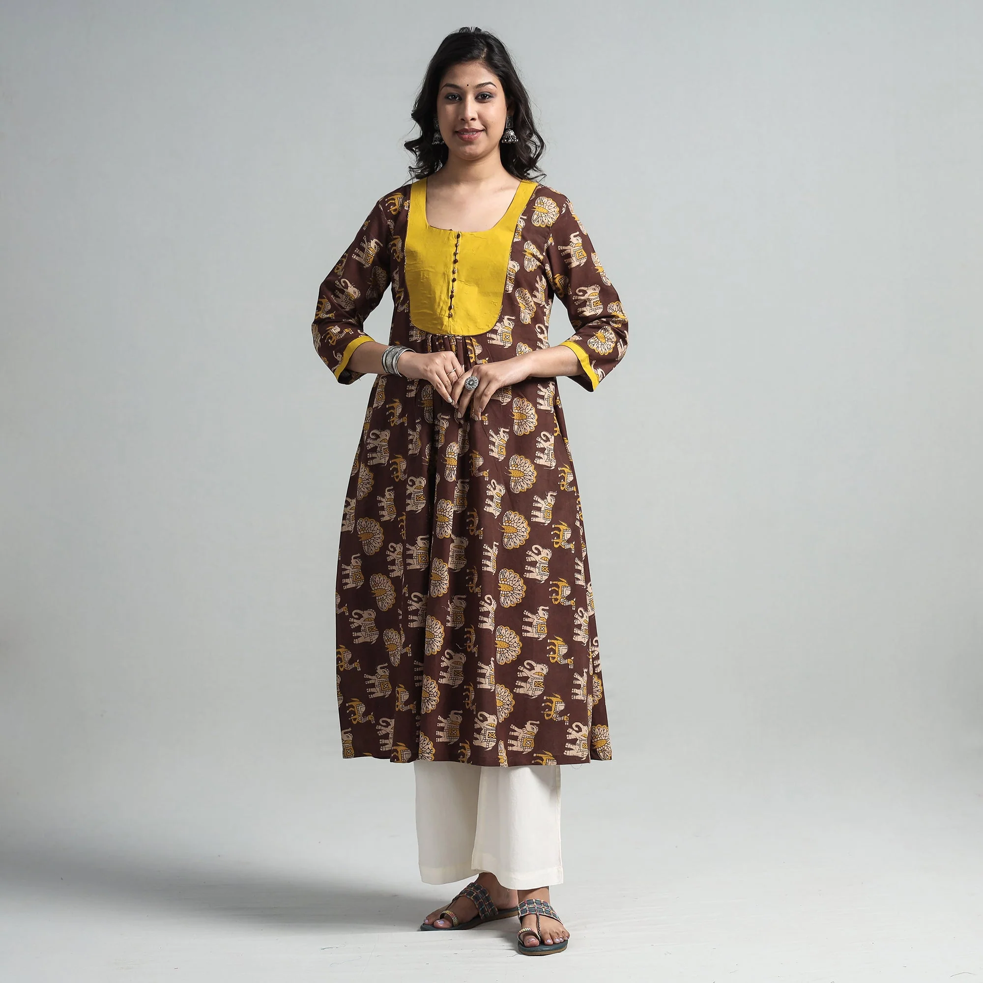 Brown - Kalamkari Printed Cotton A-Line Long Kurta with Patchwork - Image 4