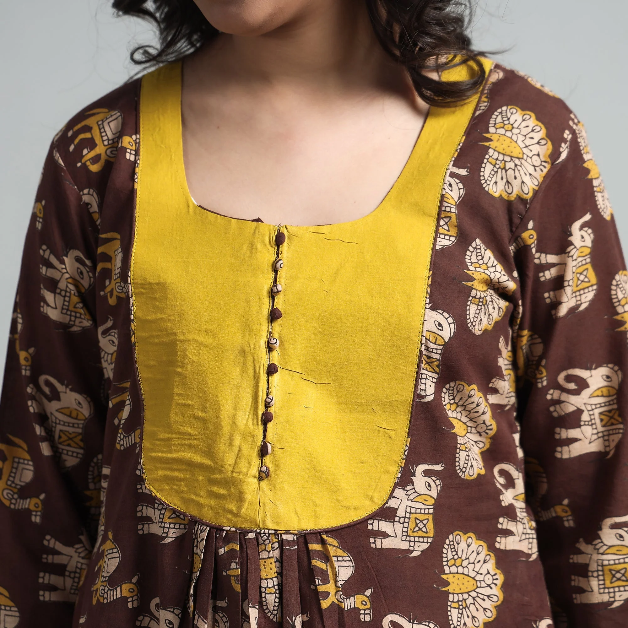 Brown - Kalamkari Printed Cotton A-Line Long Kurta with Patchwork - Image 5