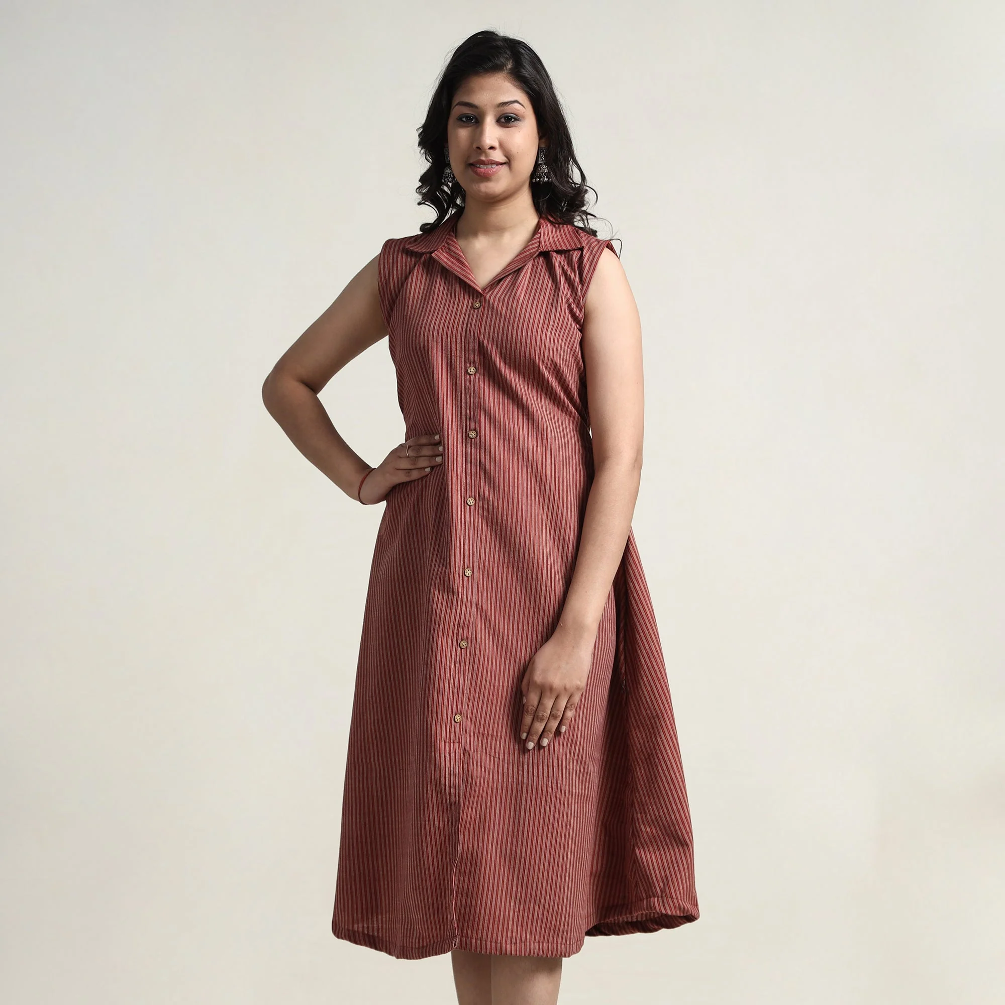 Wine Red - Plain Handloom Cotton Collared Neck Buttoned Down Dress - Image 3