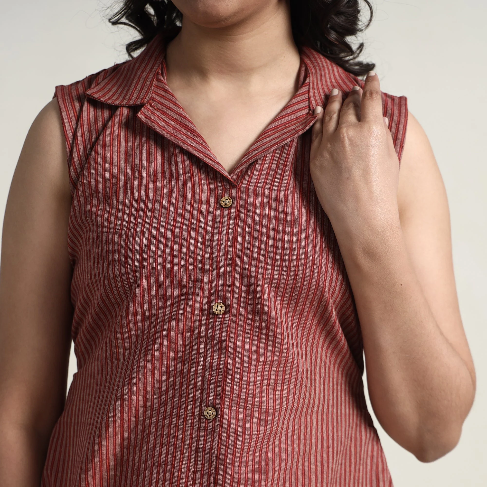 Wine Red - Plain Handloom Cotton Collared Neck Buttoned Down Dress - Image 5