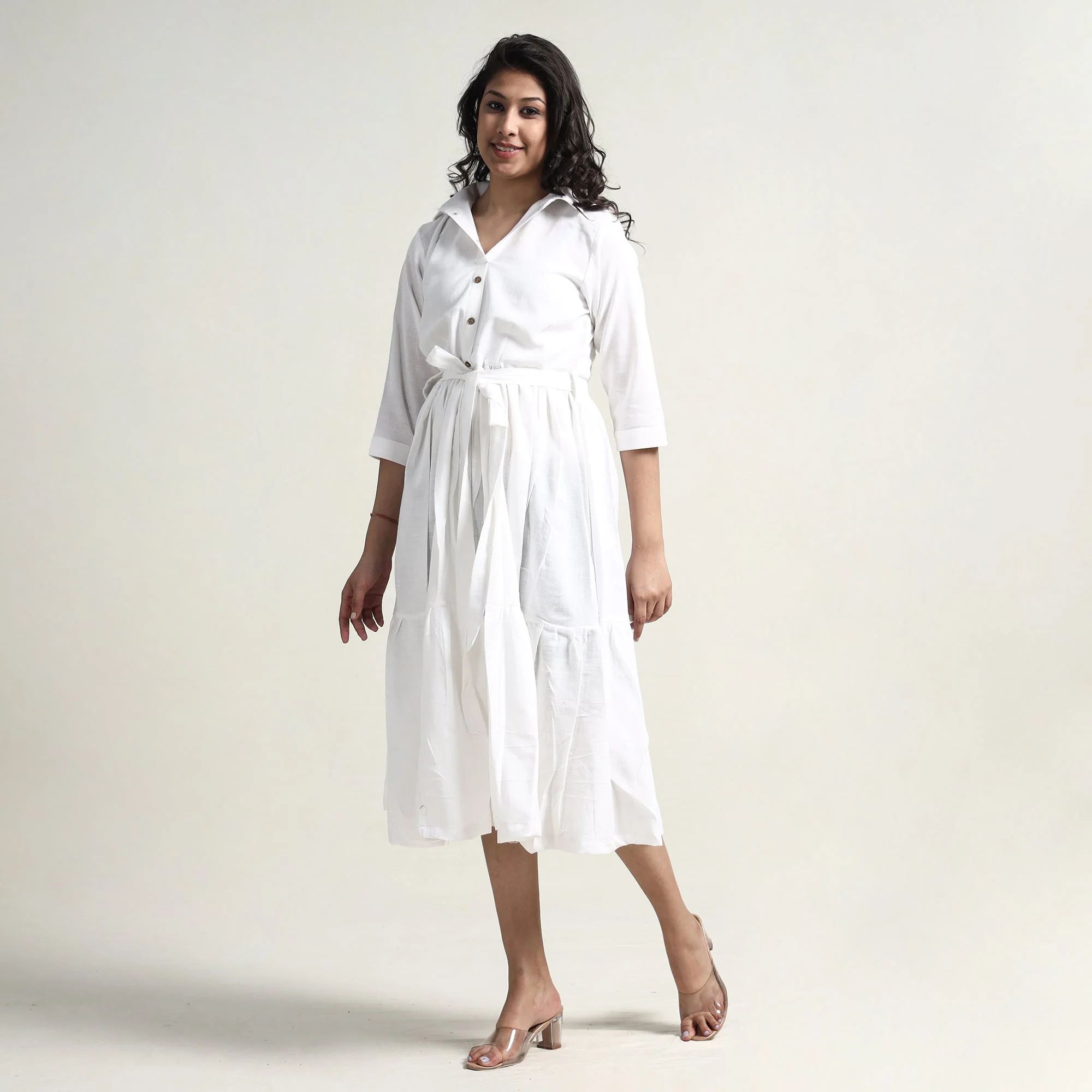 White - Plain Handloom Cotton Collared Neck Flare Dress - Image 2
