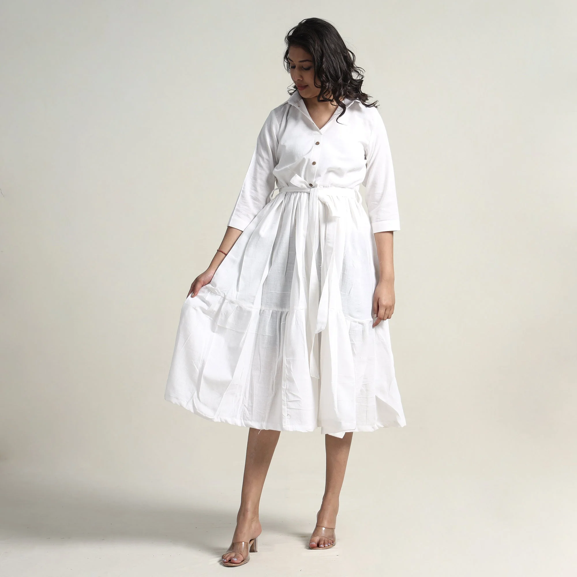 White - Plain Handloom Cotton Collared Neck Flare Dress - Image 4