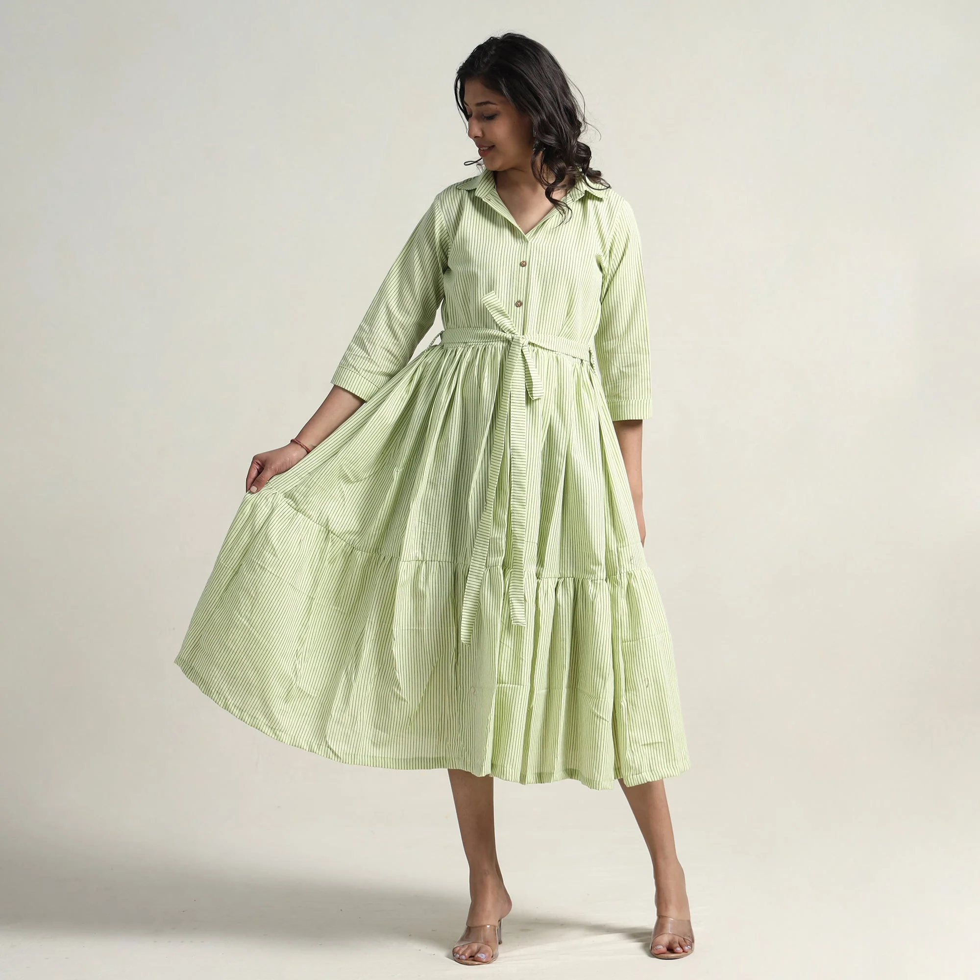 Pista Green - Plain Handloom Cotton Collared Neck Flare Dress - Image 4