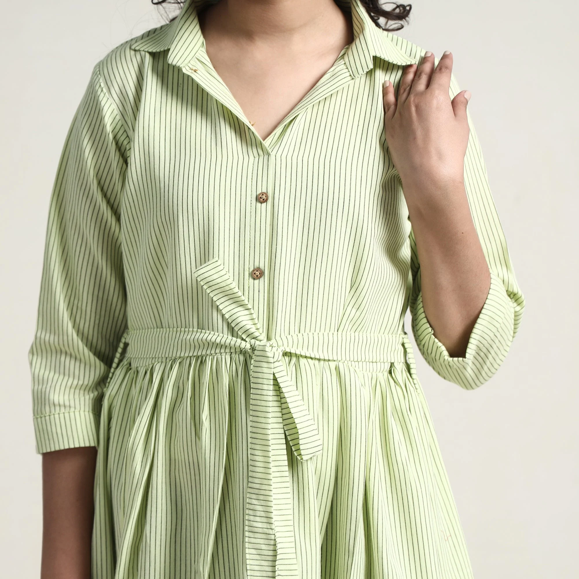 Pista Green - Plain Handloom Cotton Collared Neck Flare Dress - Image 5