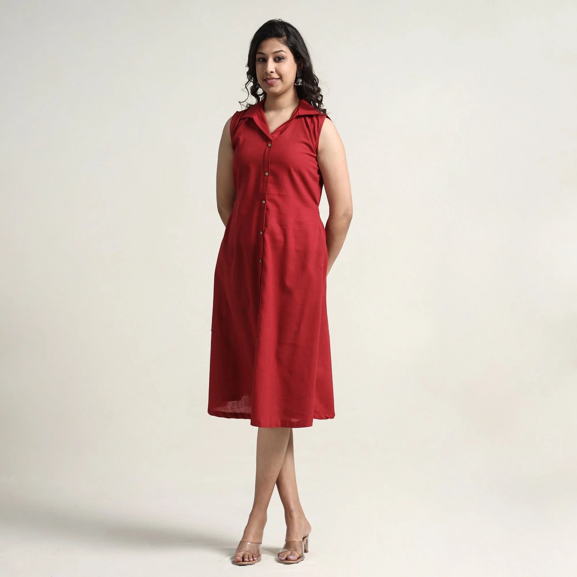 Red - Plain Handloom Cotton Collared Neck Buttoned Down Dress