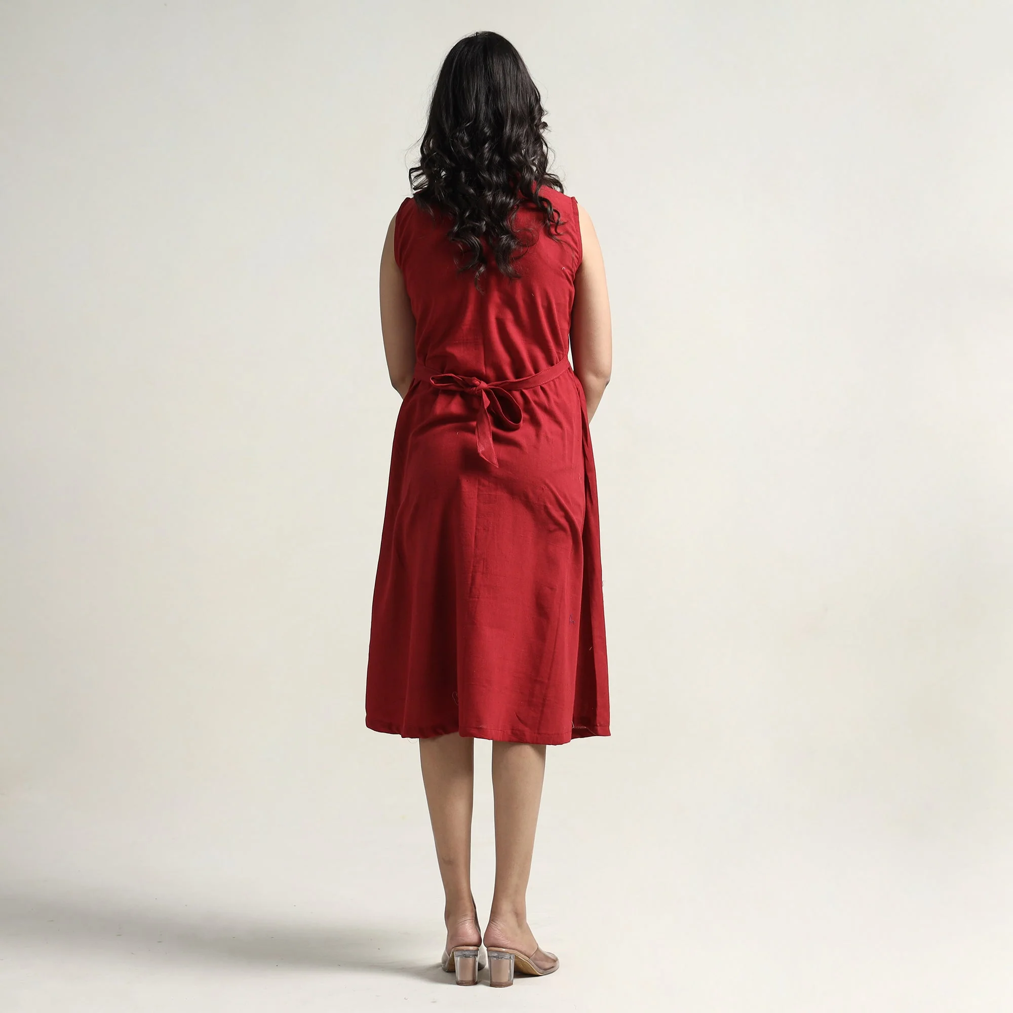 Red - Plain Handloom Cotton Collared Neck Buttoned Down Dress - Image 5