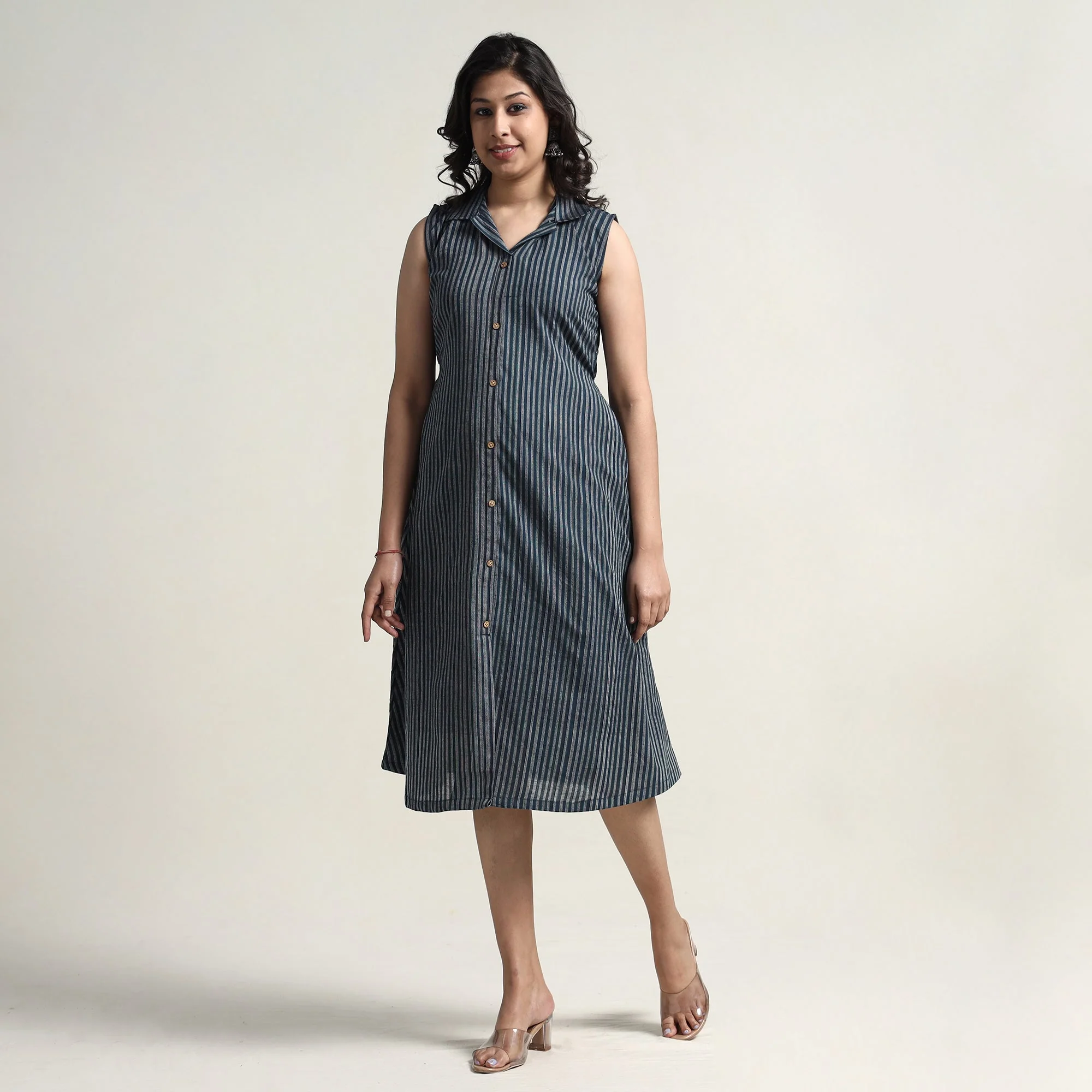 Grey - Plain Handloom Cotton Collared Neck Buttoned Down Dress - Image 2