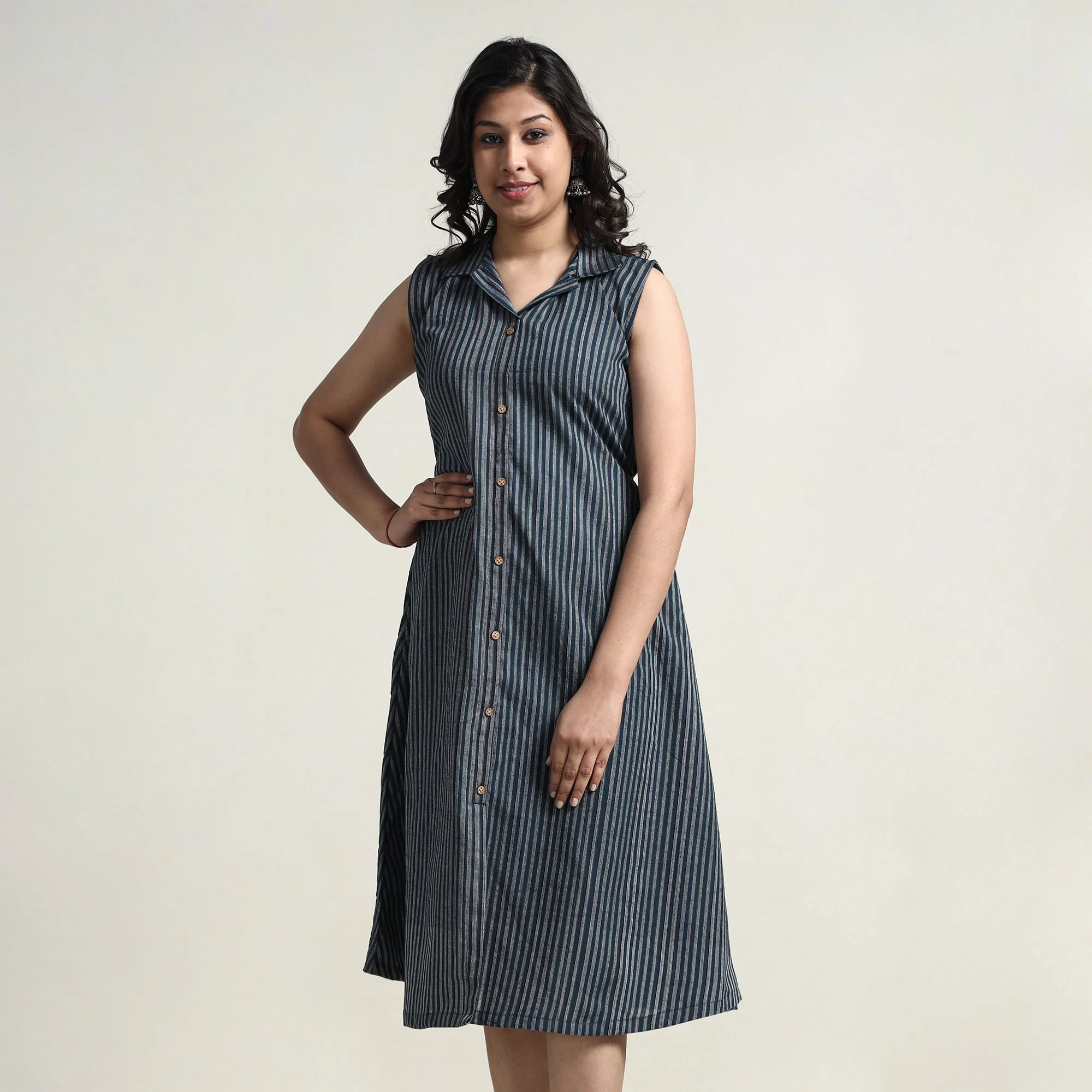 Grey - Plain Handloom Cotton Collared Neck Buttoned Down Dress - Image 3