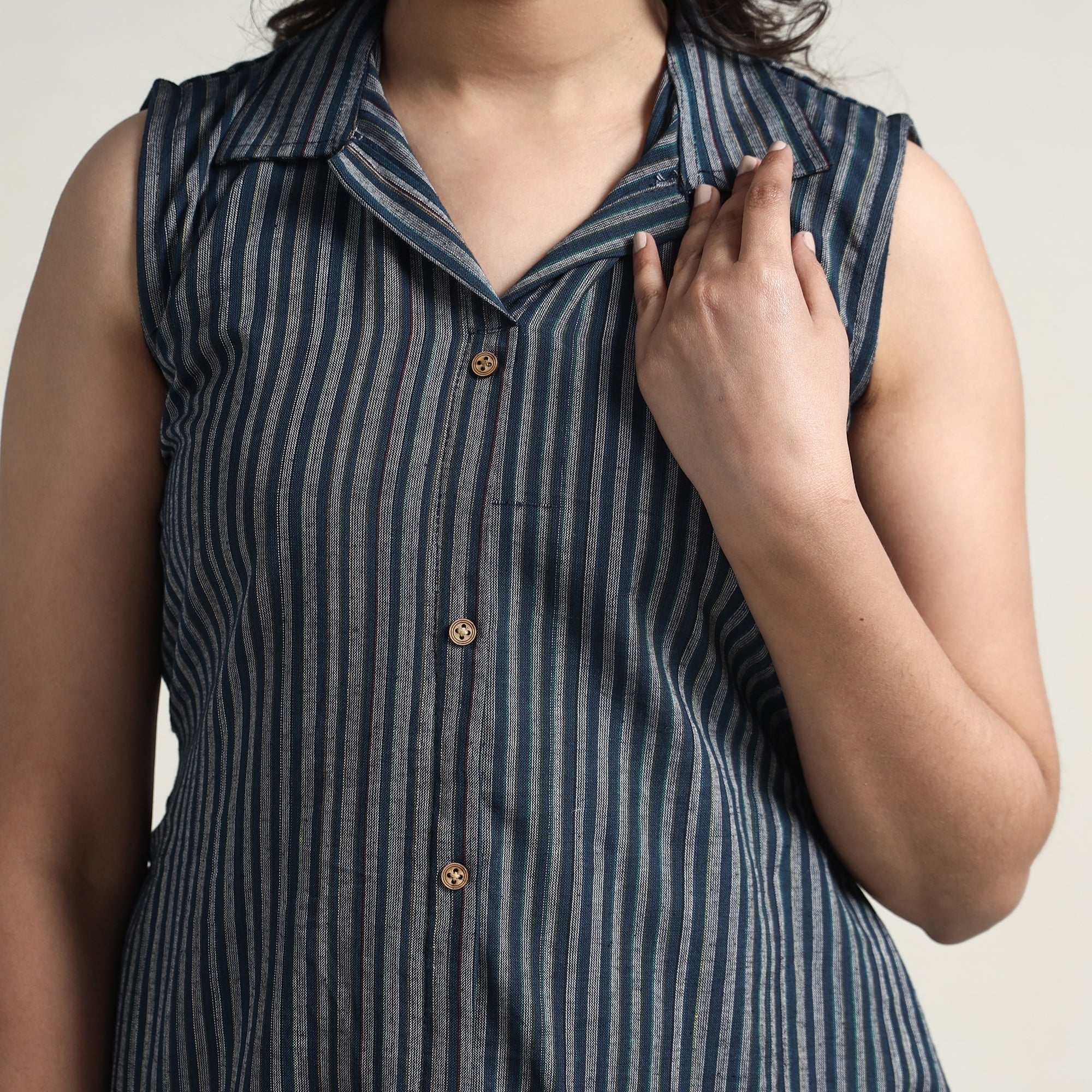 Grey - Plain Handloom Cotton Collared Neck Buttoned Down Dress - Image 4