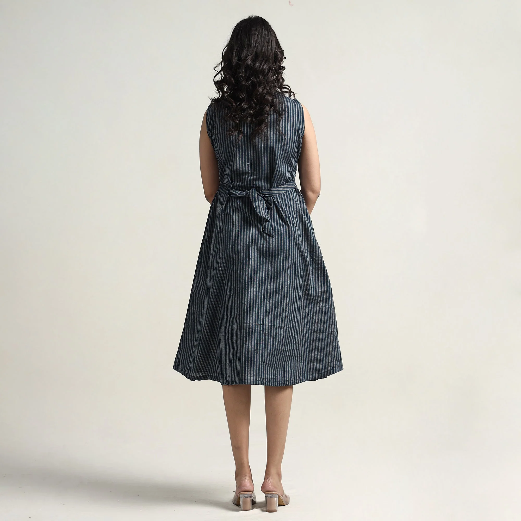Grey - Plain Handloom Cotton Collared Neck Buttoned Down Dress - Image 5
