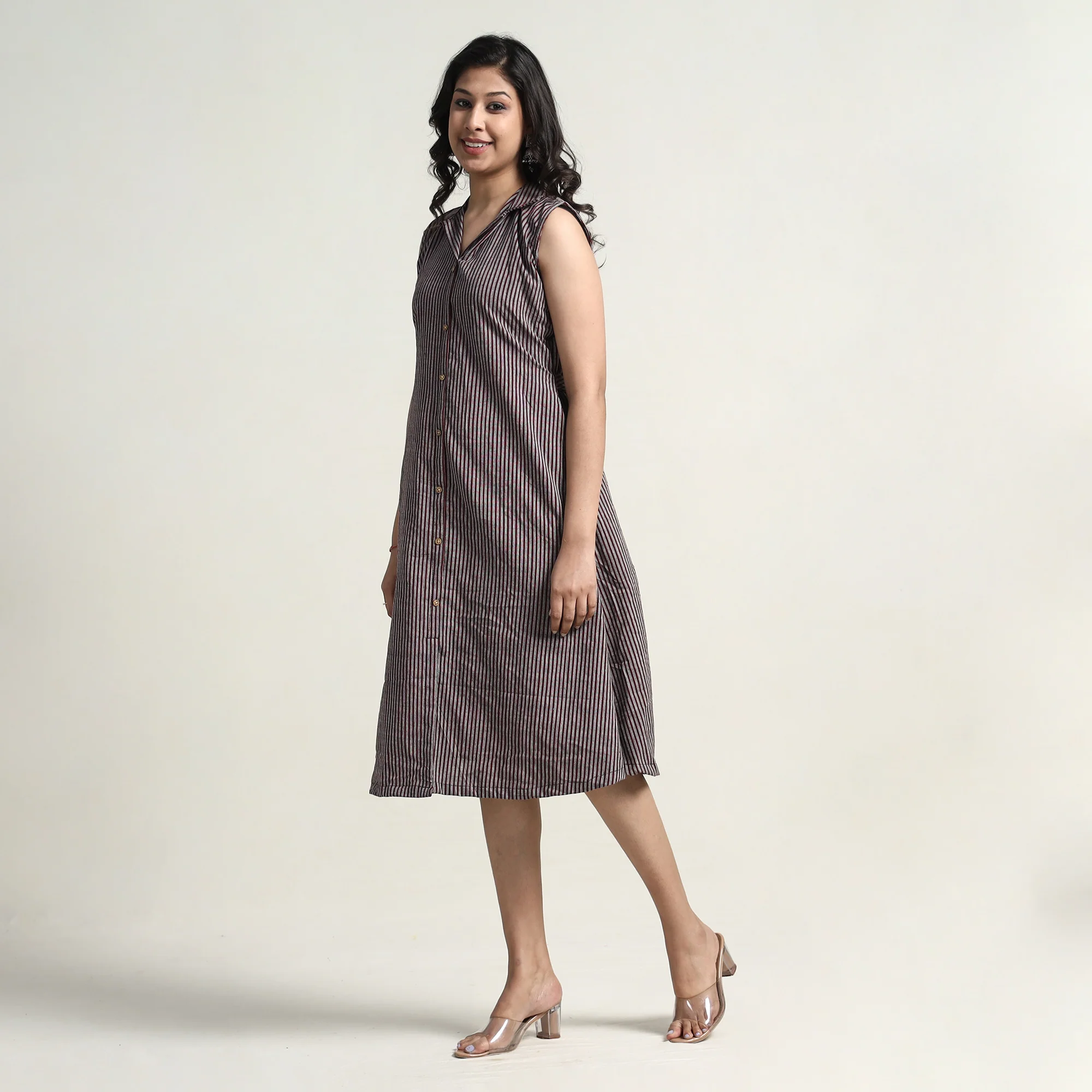 Brown - Plain Handloom Cotton Collared Neck Buttoned Down Dress - Image 2