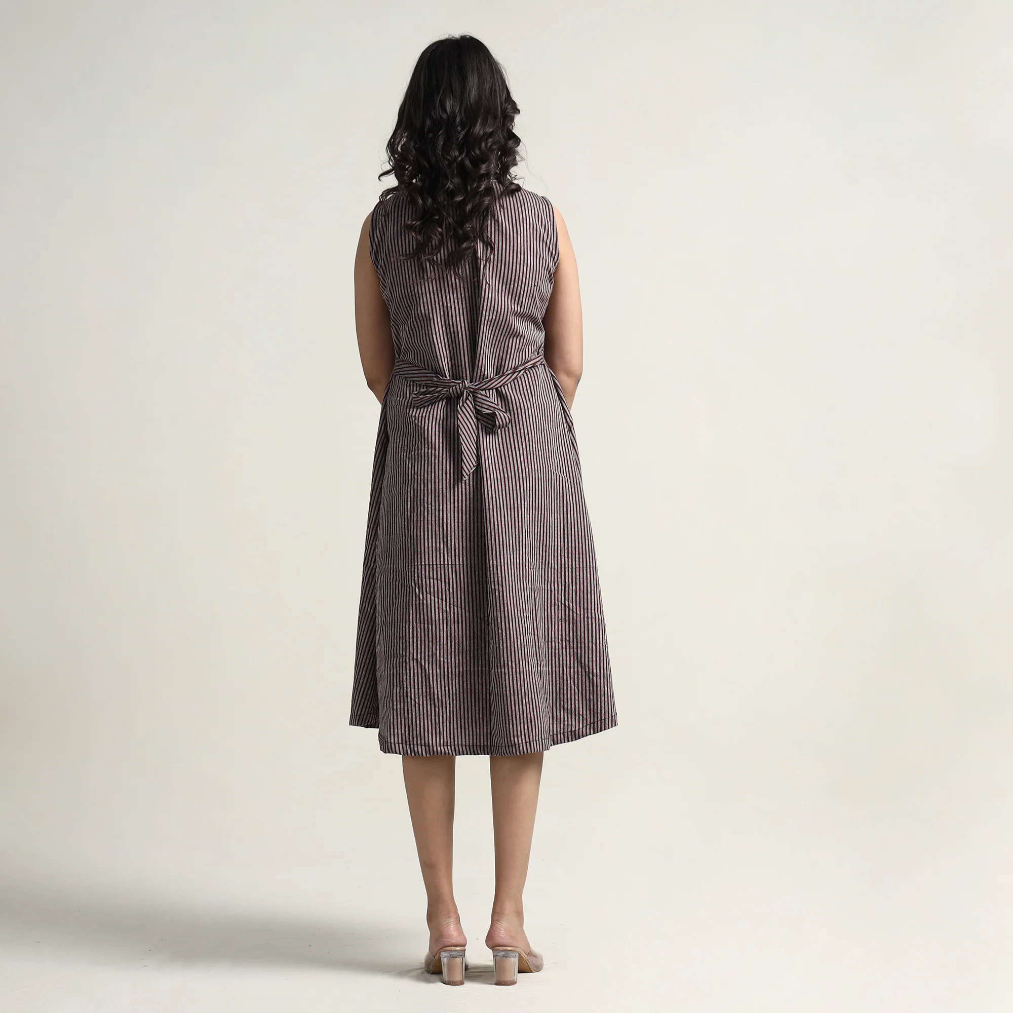 Brown - Plain Handloom Cotton Collared Neck Buttoned Down Dress - Image 4