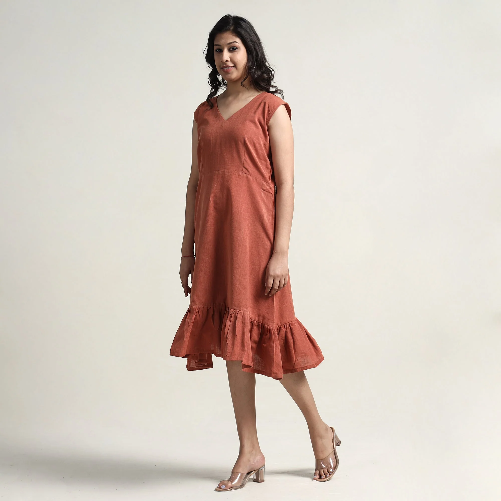 Brown - Plain Handloom Cotton Flare Dress - Image 2
