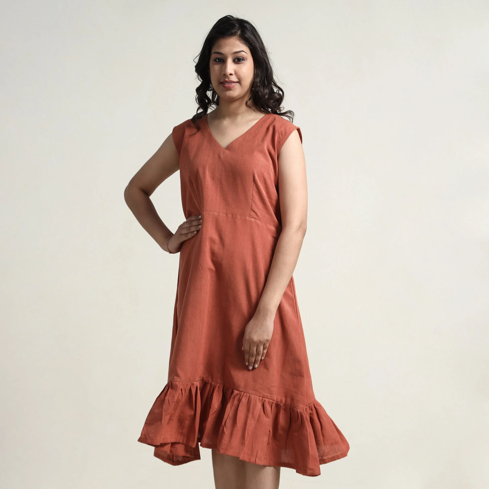 Brown - Plain Handloom Cotton Flare Dress - Image 3