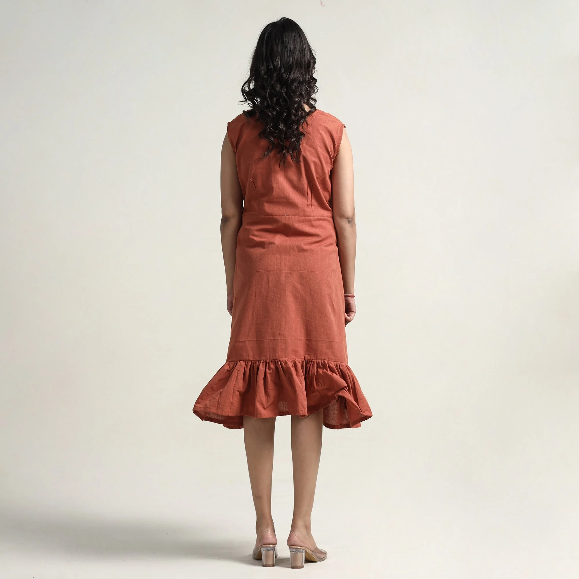 Brown - Plain Handloom Cotton Flare Dress - Image 4