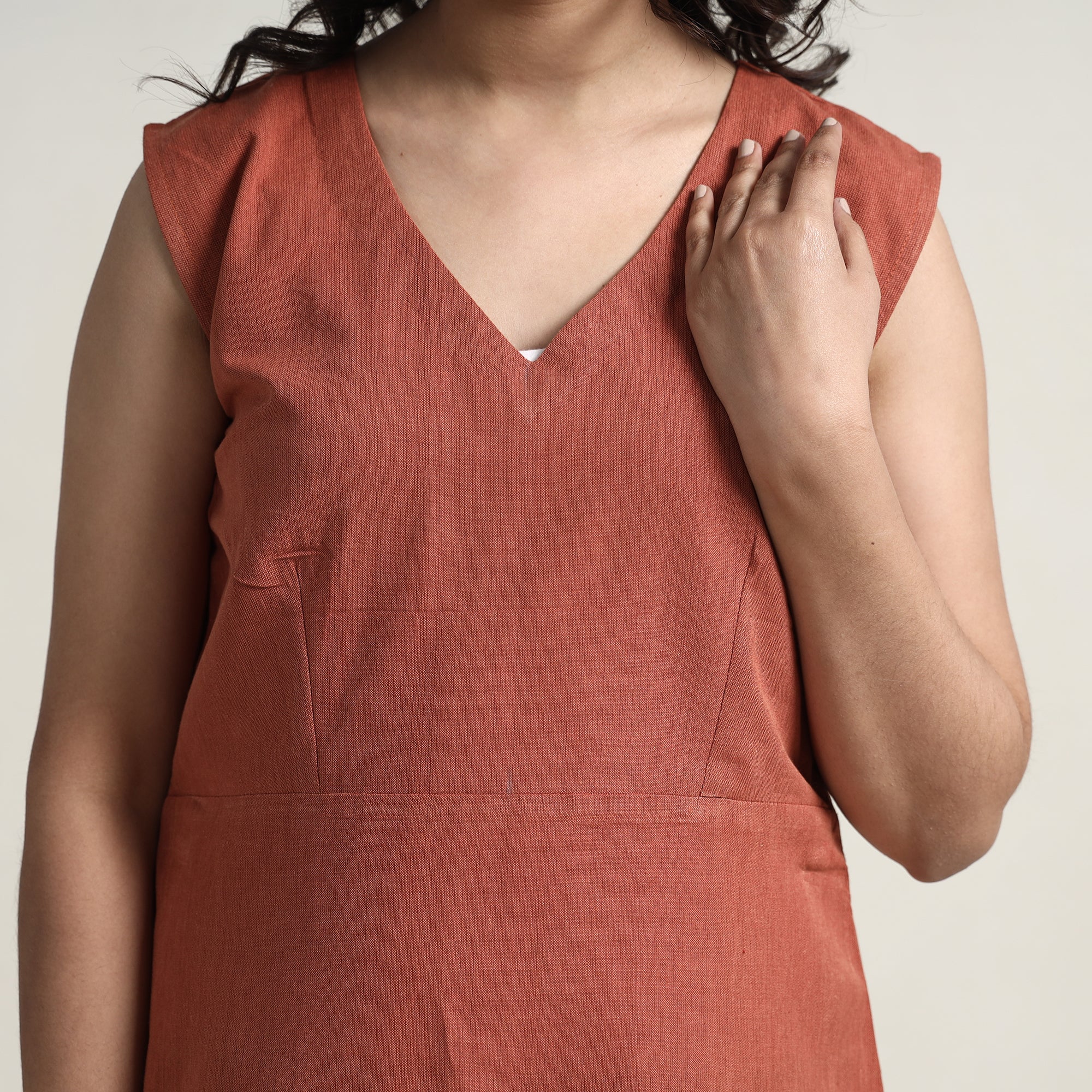 Brown - Plain Handloom Cotton Flare Dress - Image 5
