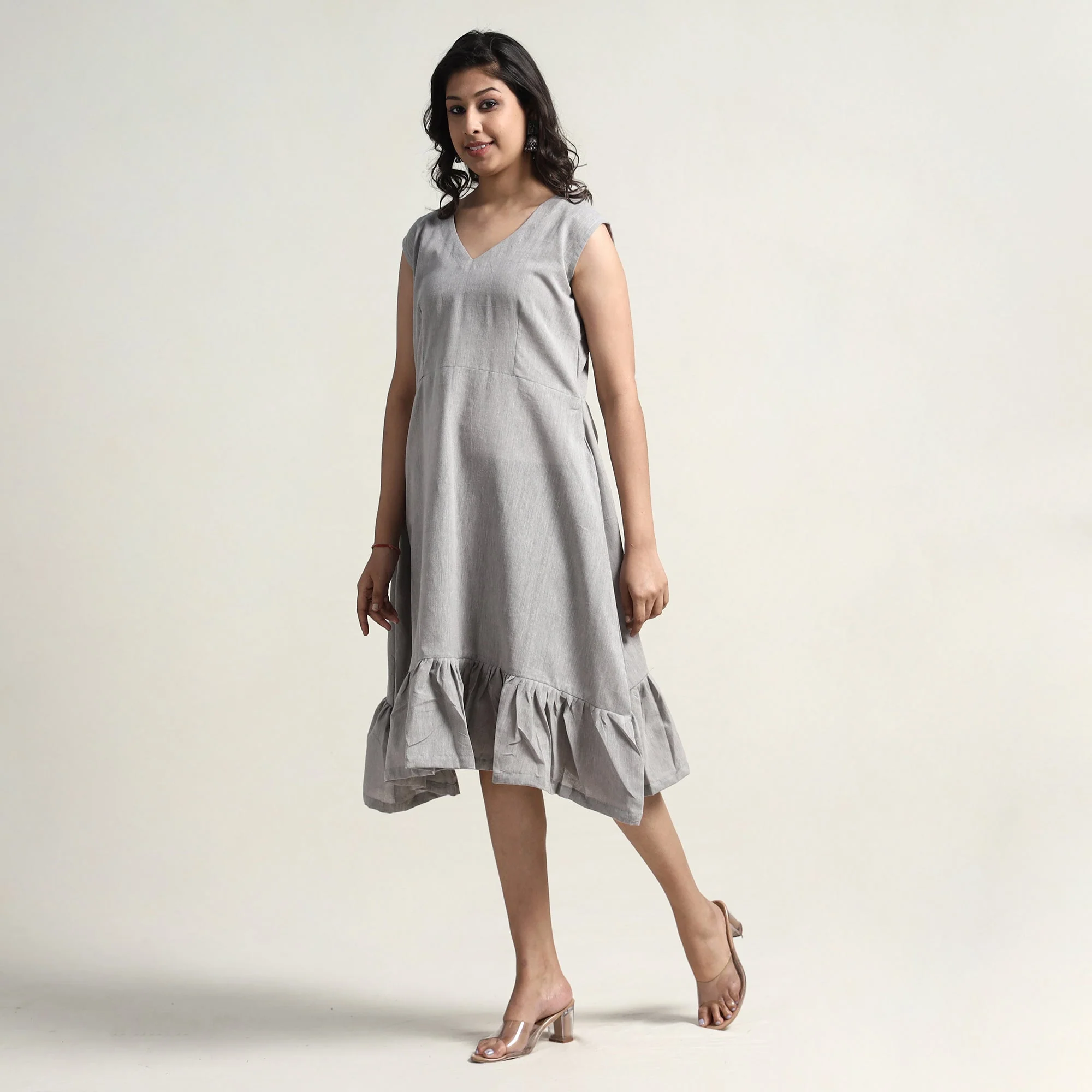 Grey - Plain Handloom Cotton Flare Dress - Image 2