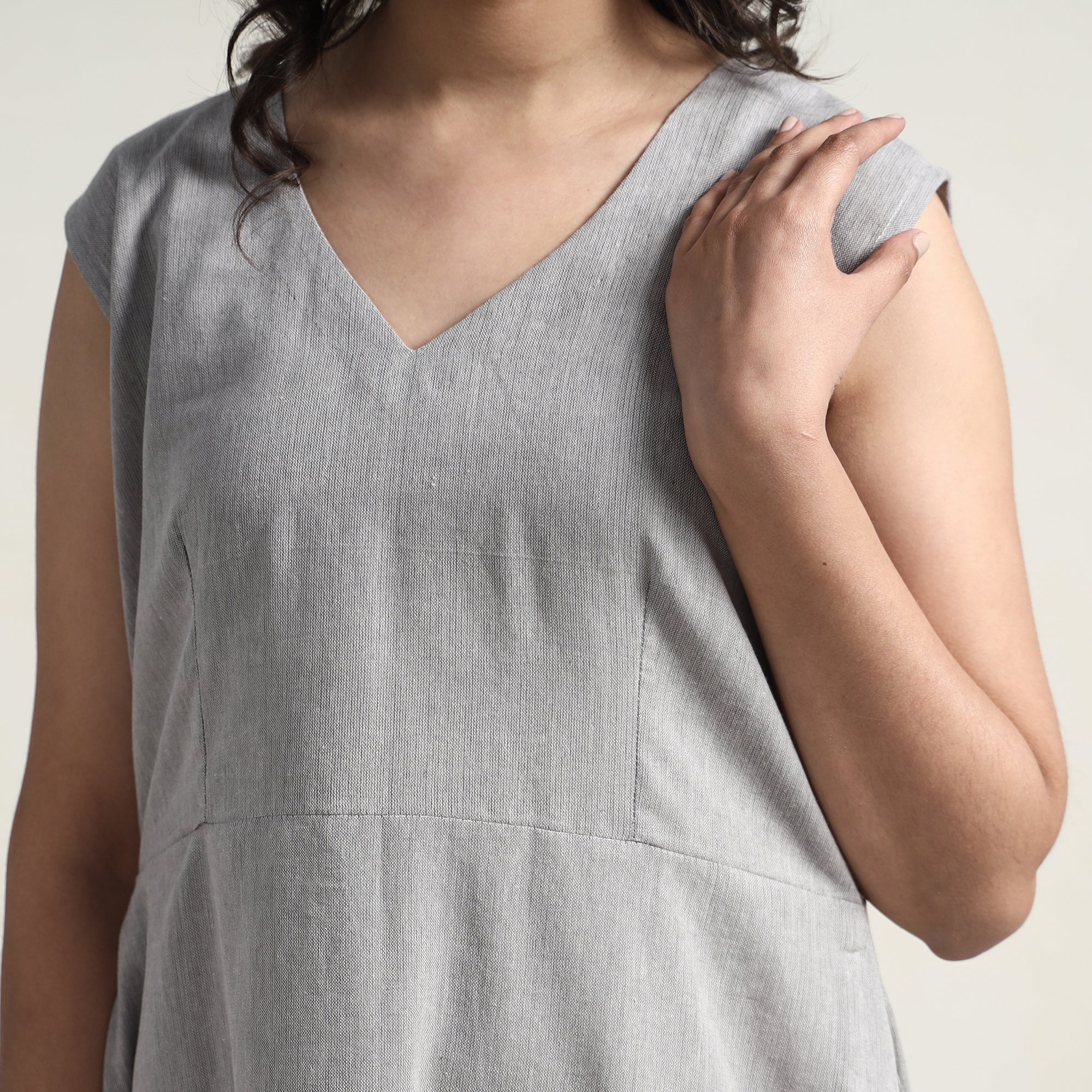 Grey - Plain Handloom Cotton Flare Dress - Image 4