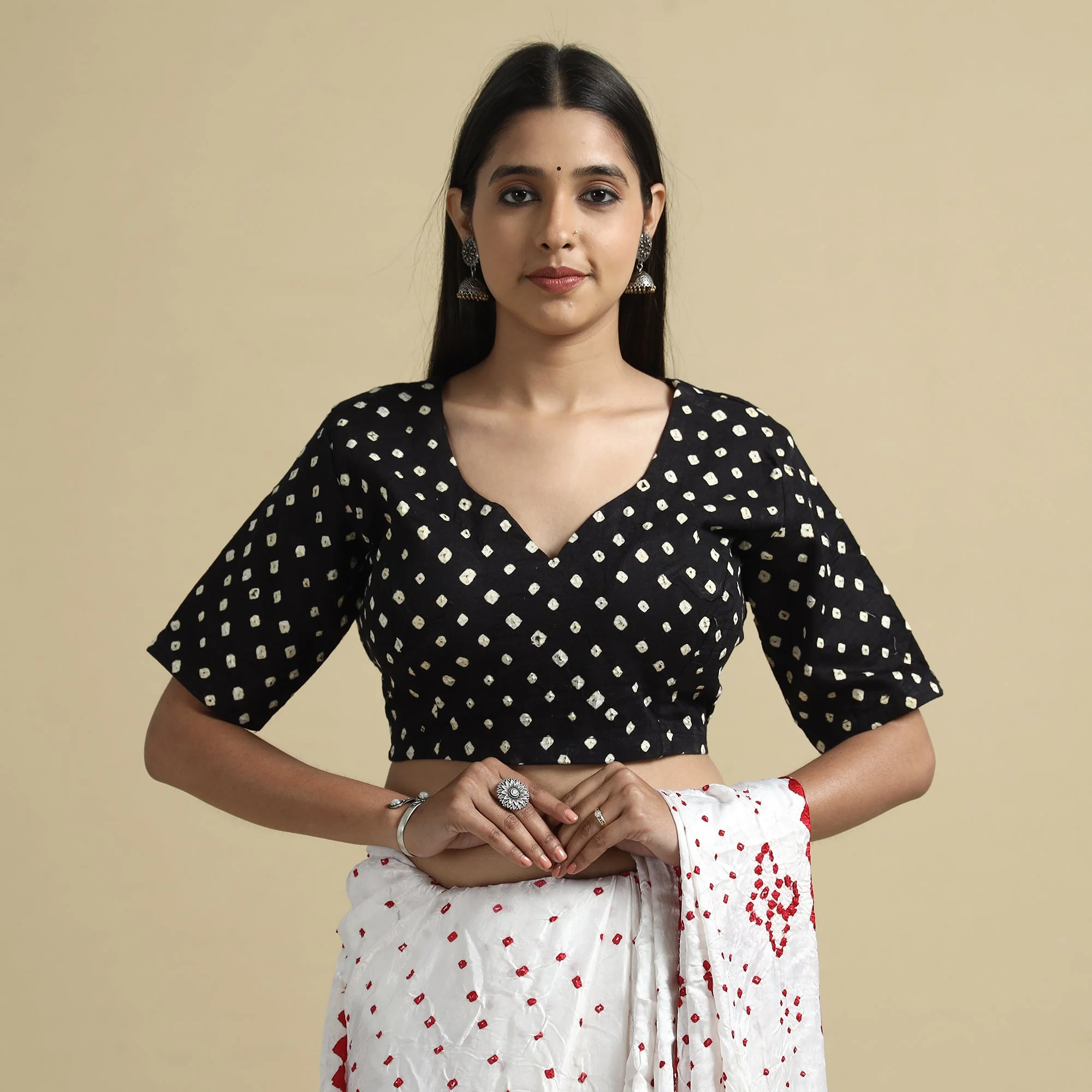 Black - Bandhani Tie-Dye Cotton Stitched Blouse - Image 2